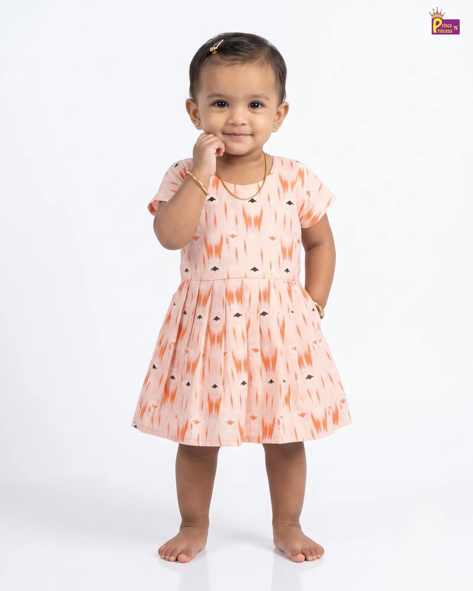 Peach Ikat Print Cotton Frock for Baby Girl | Cap Sleeve Daily Wear CF295 for kids festival wear