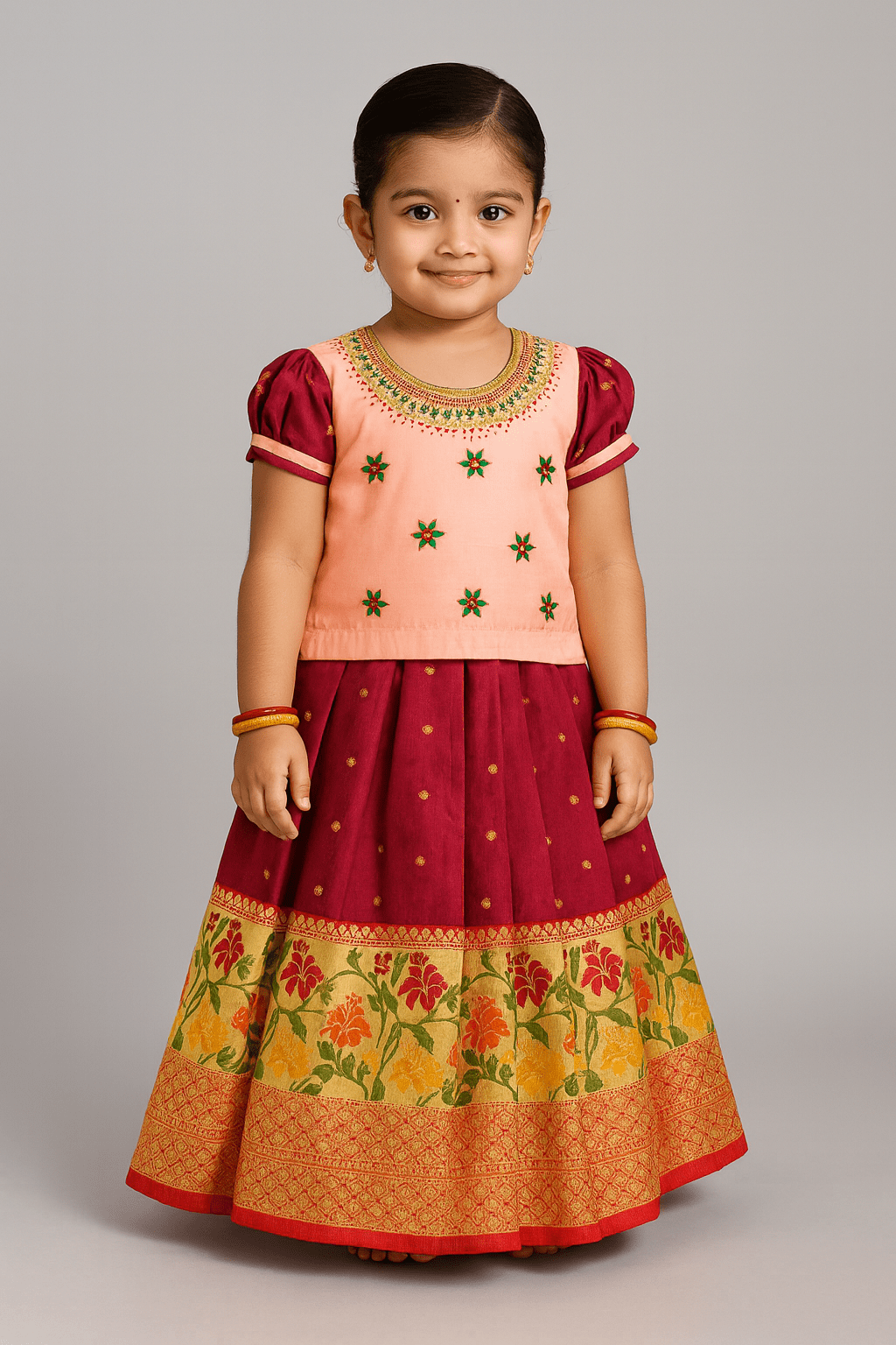 Peach Purple Embroidery Aari Work Pattu Pavadai PPP986 - Prince N Princess