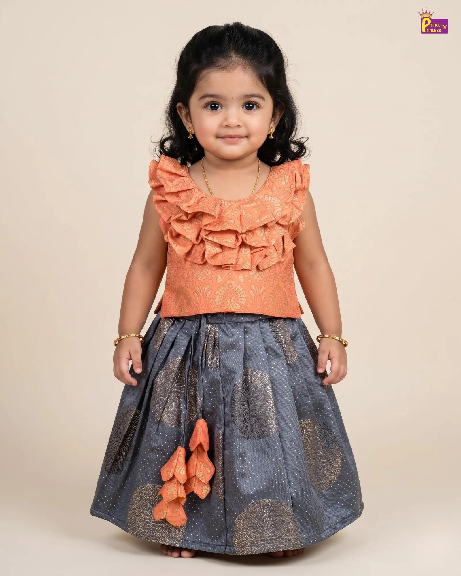 Peach & Steel Grey Ruffle Designer Lehenga Choli for Girls LC205 for kids festival wear