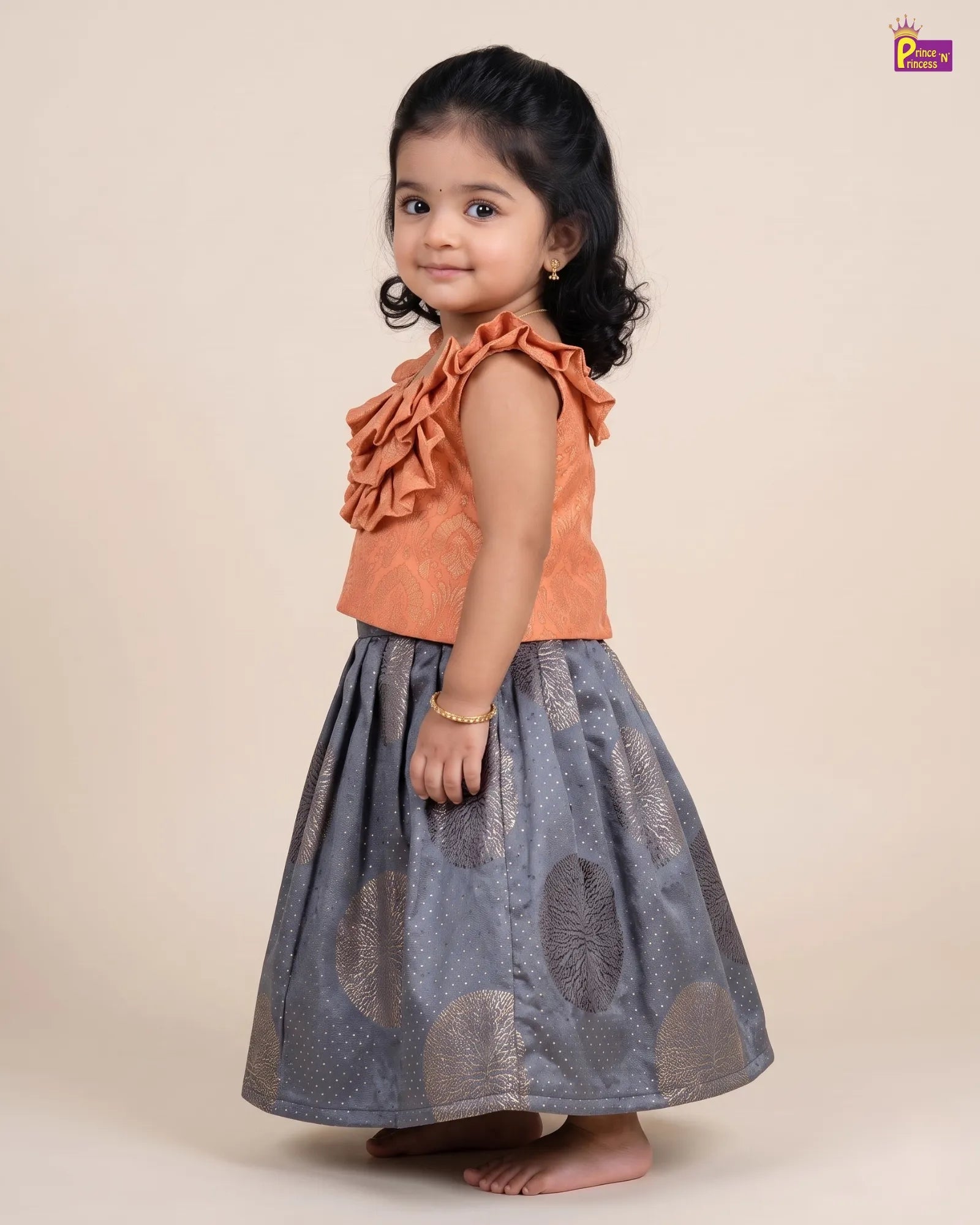 Peach & Steel Grey Ruffle Designer Lehenga Choli for Girls LC205 for kids festival wear