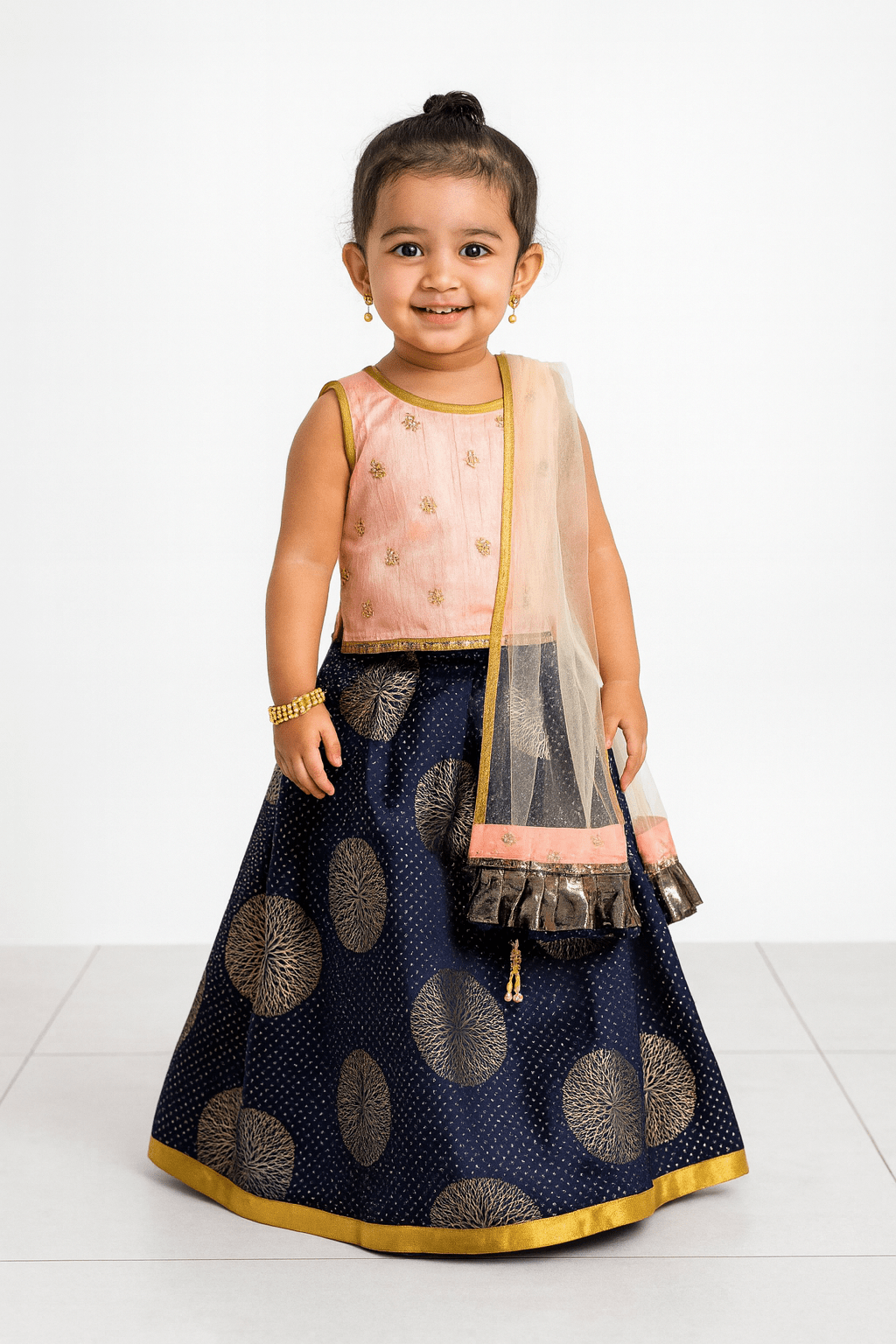 Peach with Navy Embroidery net Lehenga Choli LC092 - Prince N Princess