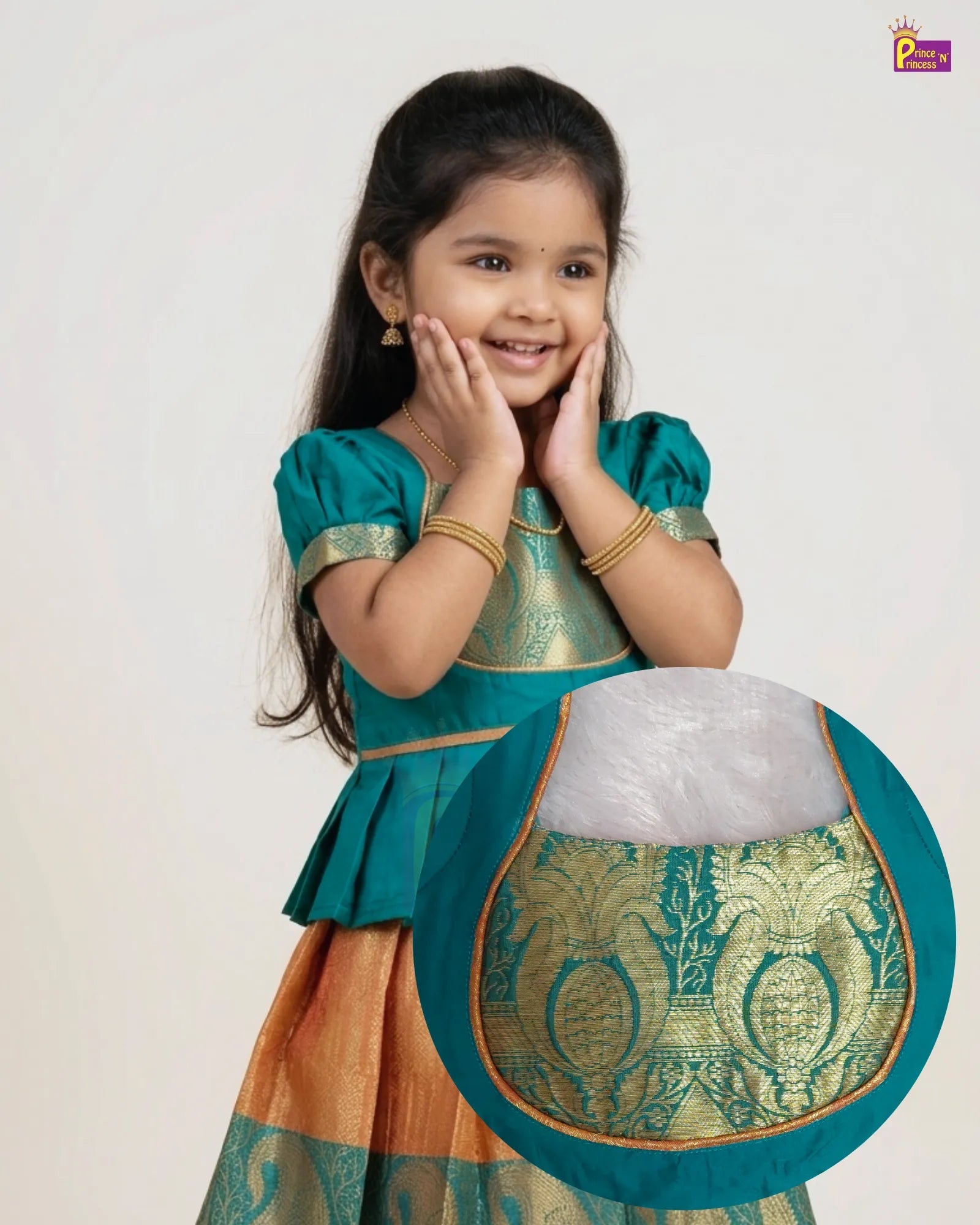 A young girl wearing a traditional Indian outfit, with a circular inset showing a close-up of the garment's embroidered fabric detail.