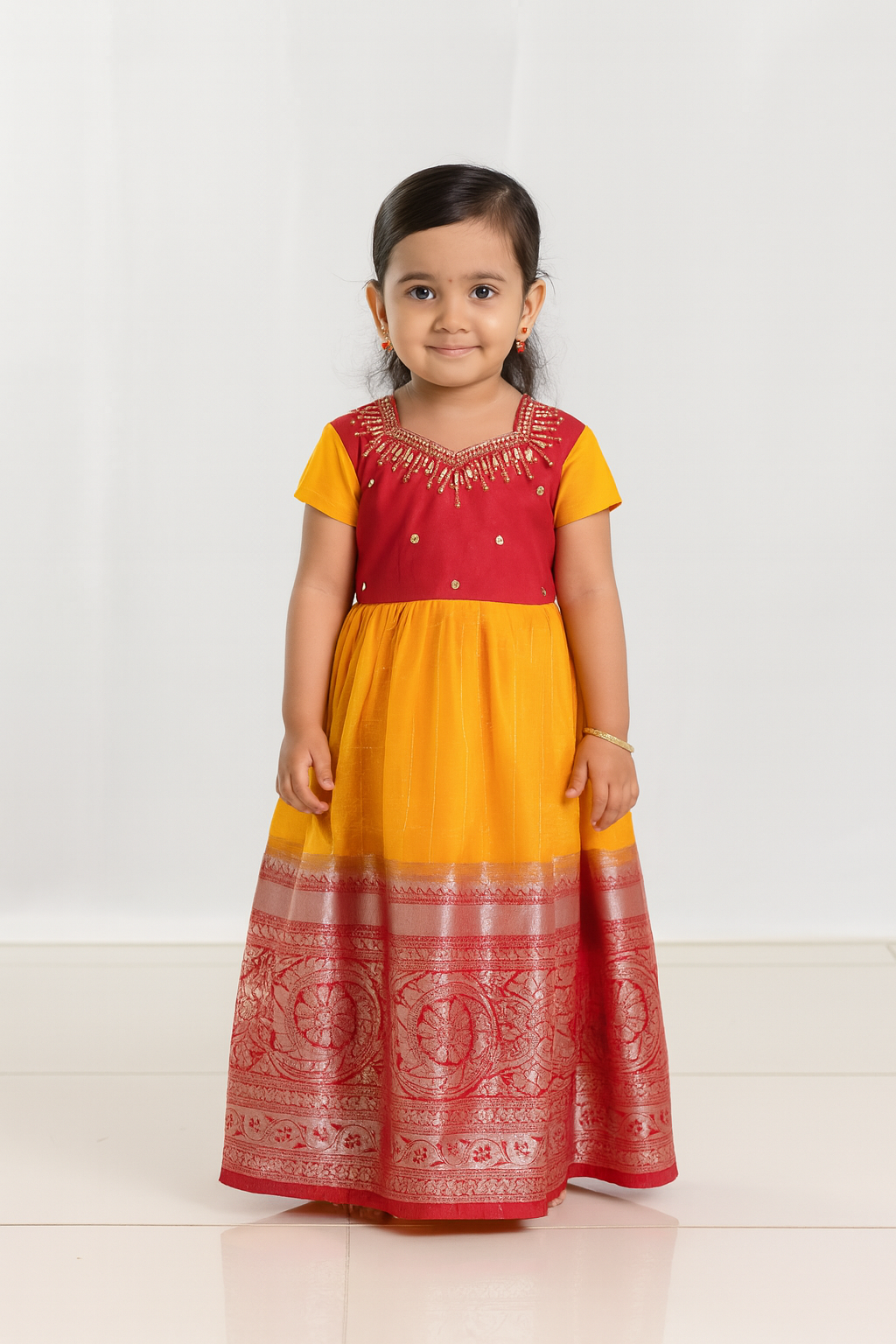 Kids Yellow Red  Organza AARI Ethnic Party Gown PG197