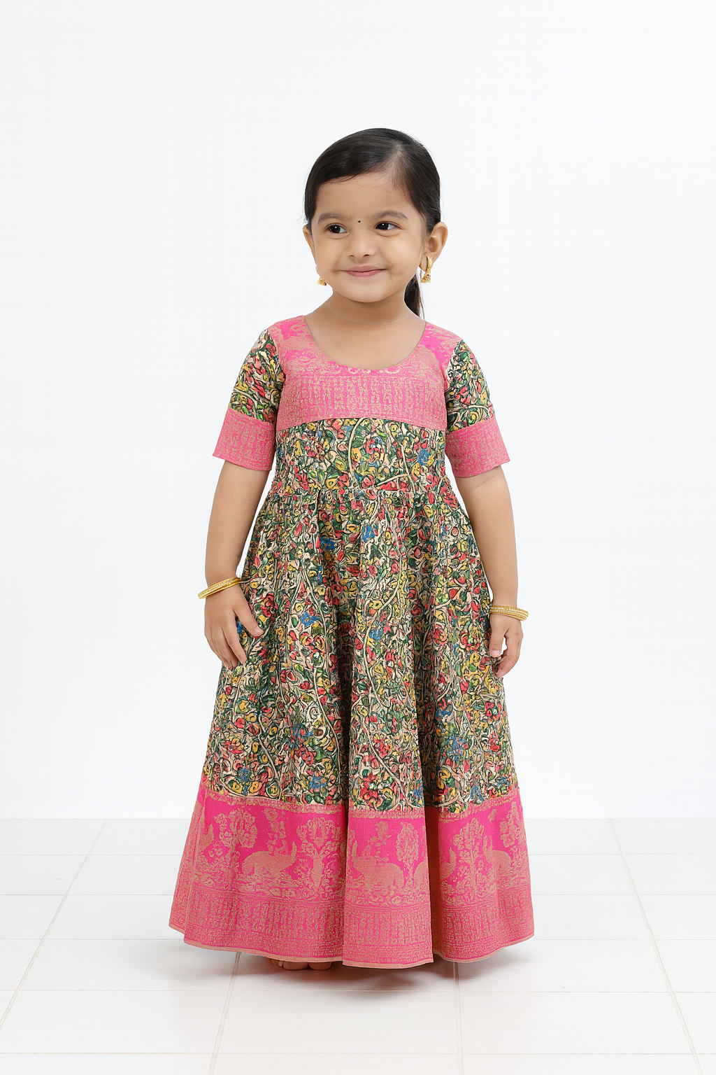 Pink Green Kalamkari Design Gown PG317
