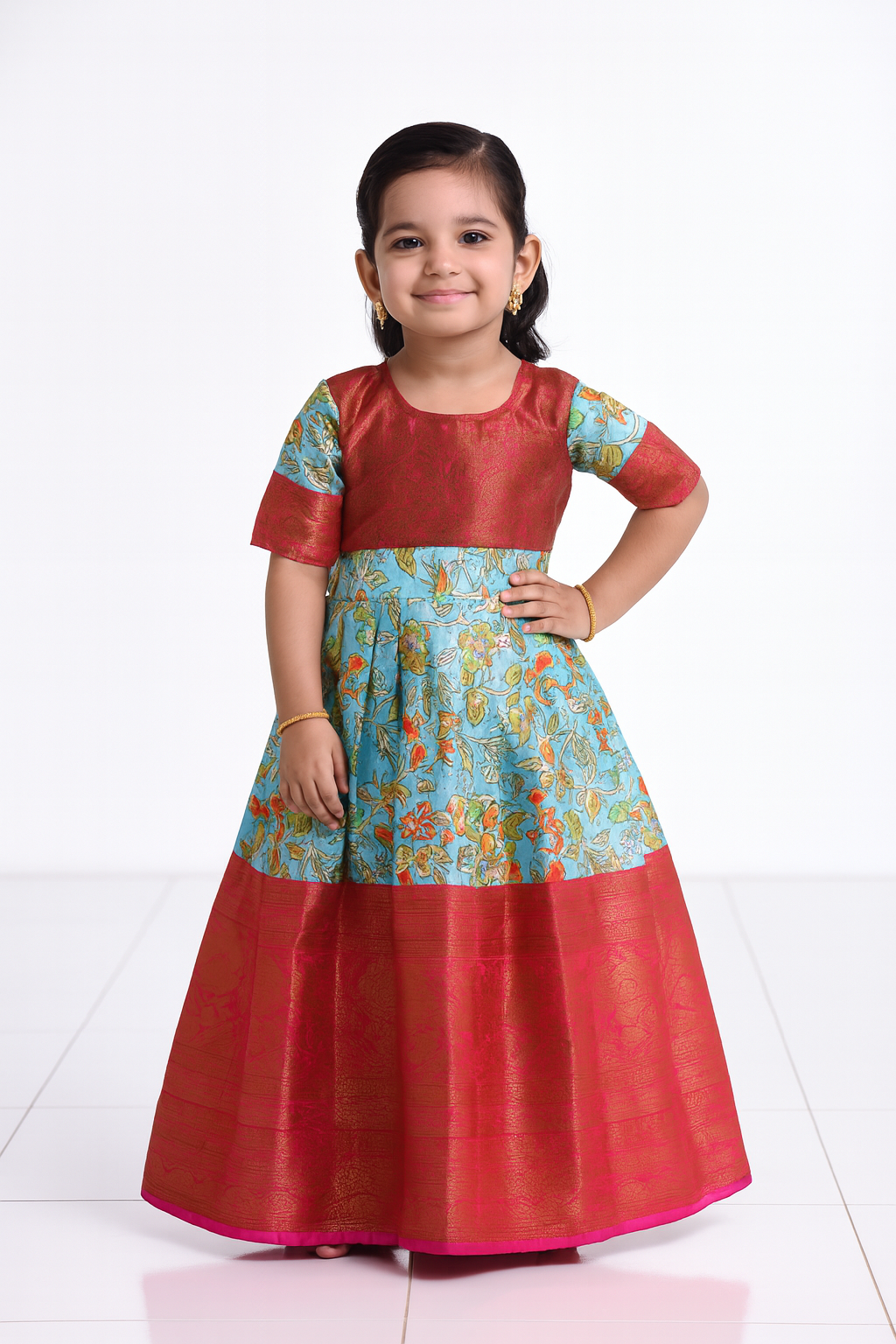 Blue Pink Kalamkari Design Gown PG318