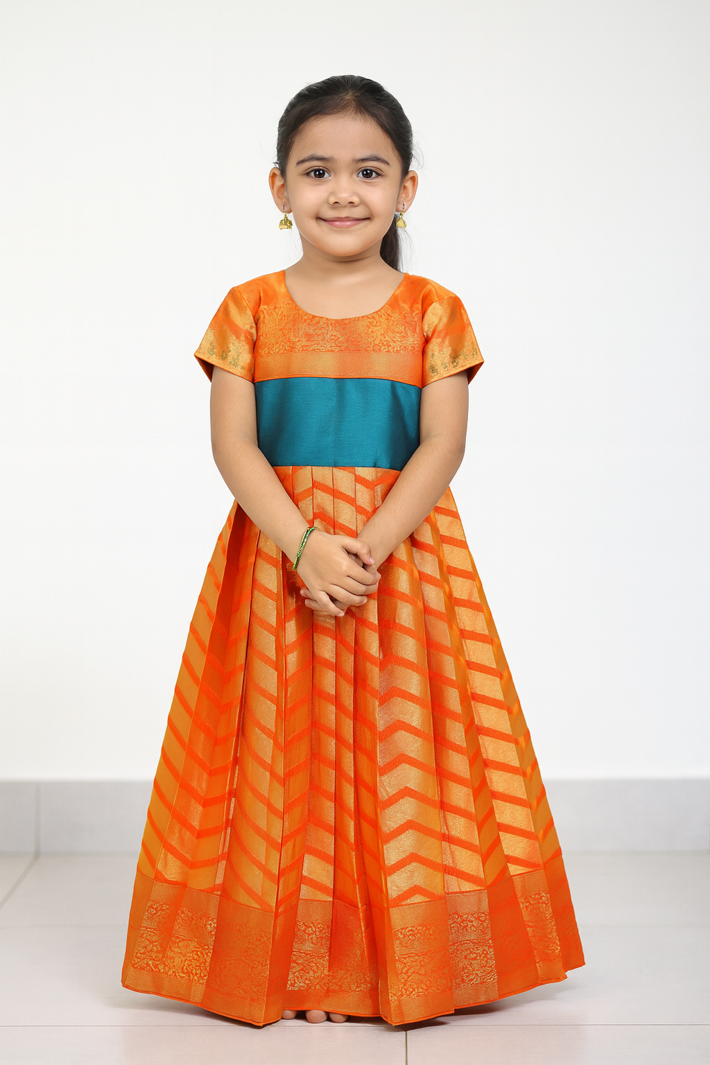 Prince N Princess Orange And Rama green Banarasi  Chanderi Gown PG353
