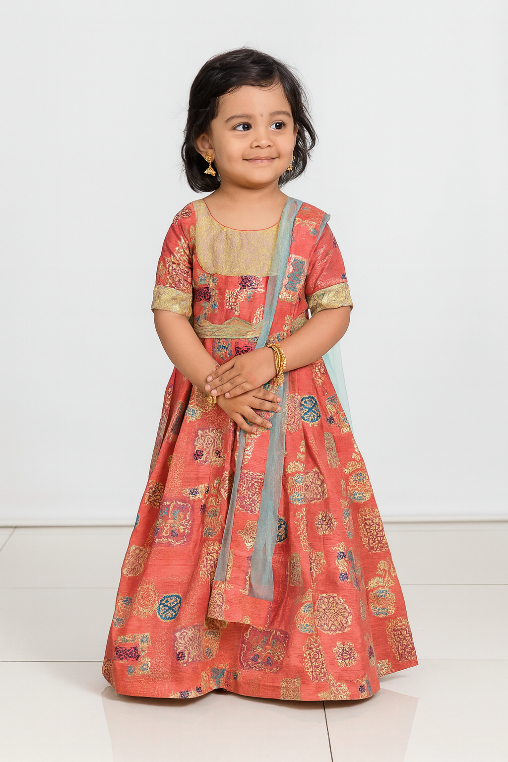 Red skyblue Kids Ethnic Party Gown with Dupetta and Belt PG362