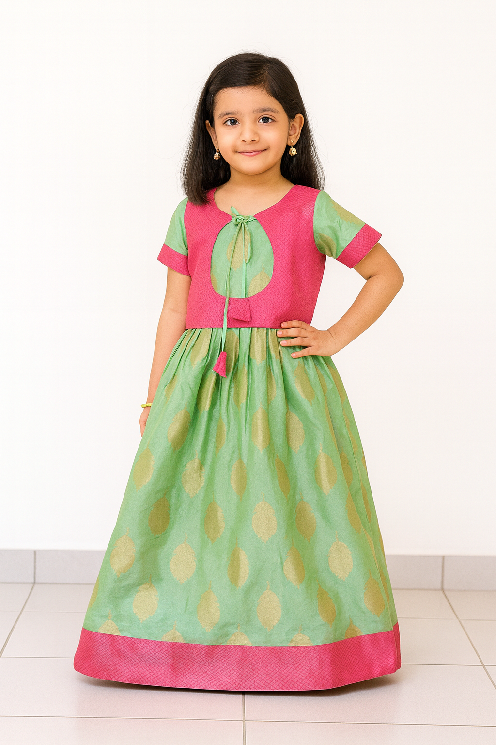 Pink and Pista green Kids Ethnic Coat Gown PG405