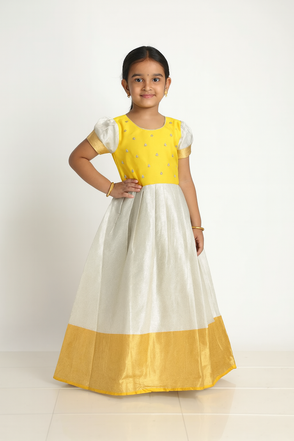 Kids Traditional Yellow aari Long gown  PG429