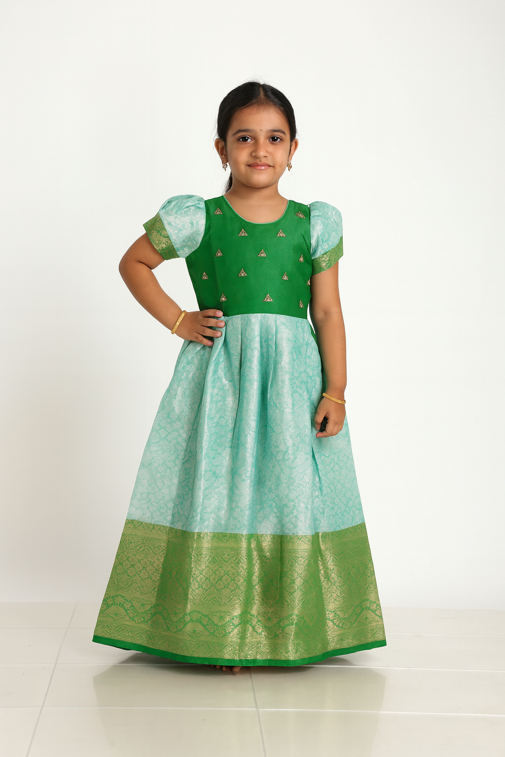 Kids Traditional Green aari Long gown  PG431