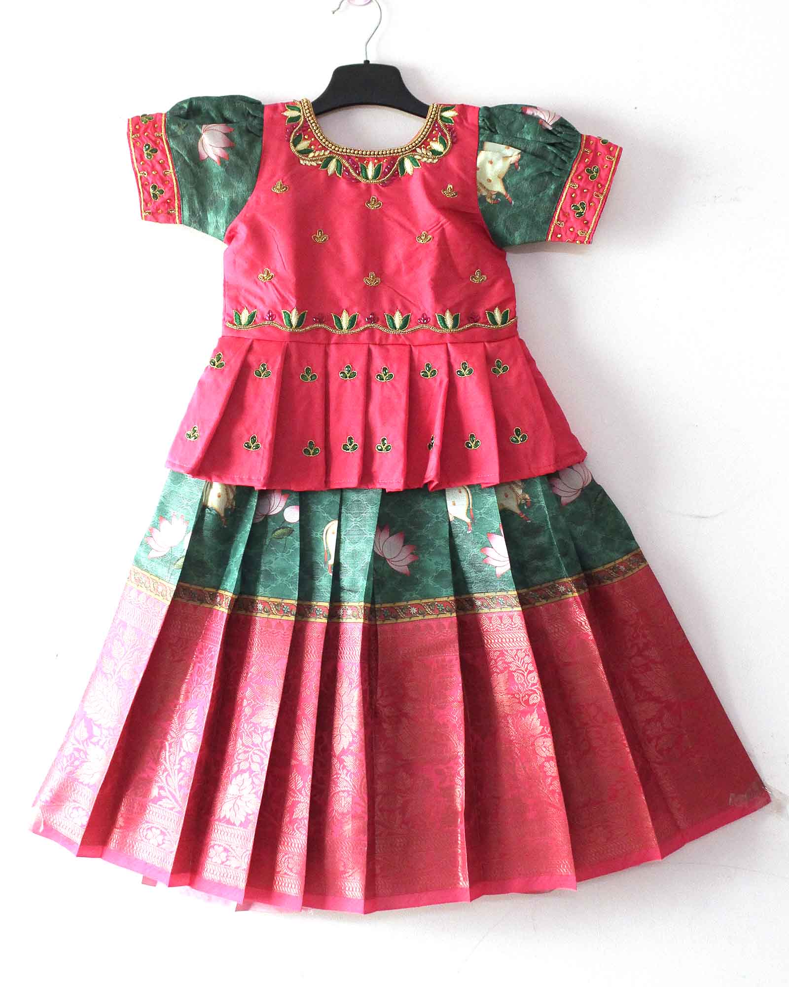 Pink And Green Traditional Aari Work Pattu Pavadai PPP1246 - Prince N Princess