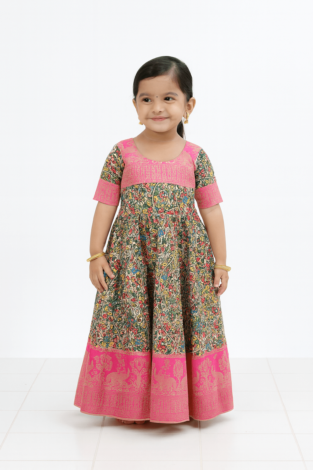 Pink Green Kalamkari Design Gown PG317 - Prince N Princess
