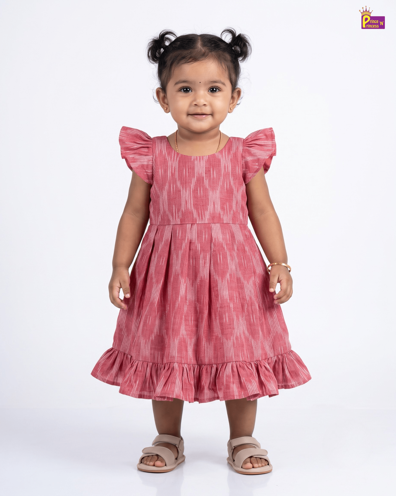 Pink Ikat Cotton Frock for Toddler Girls | Flutter Sleeve Ruffle Hem Dress CF399 for kids festival wear