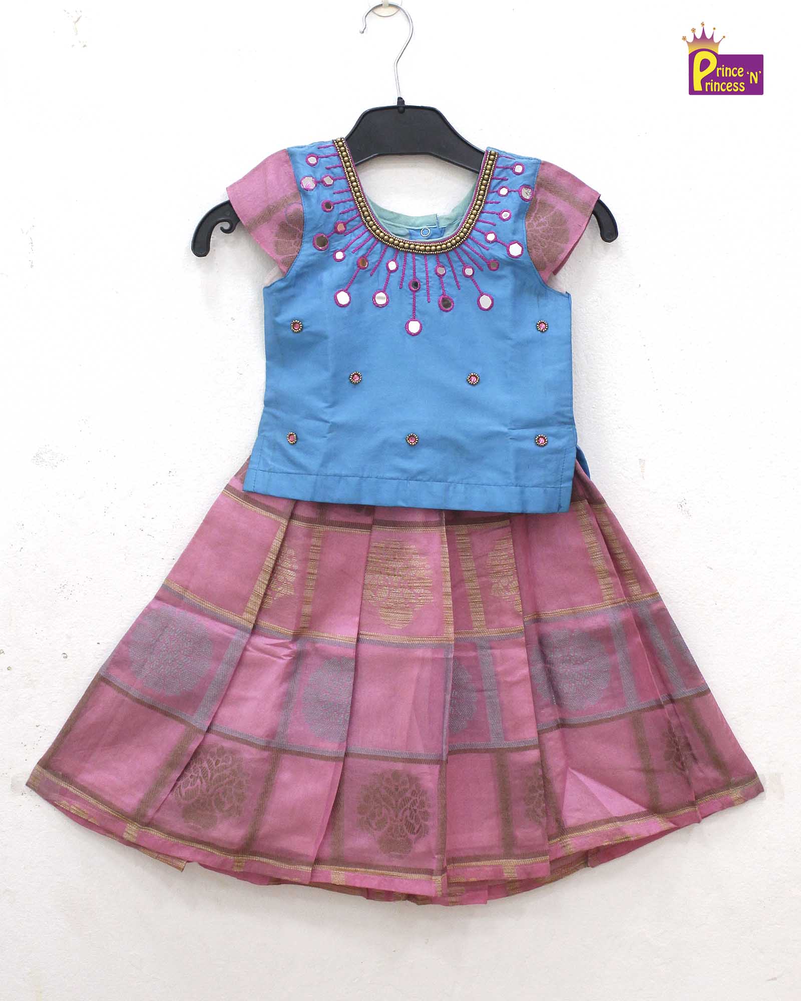 Pink with skyblue Traditional AARI Pattu Pavadai PPP848 - Prince N Princess