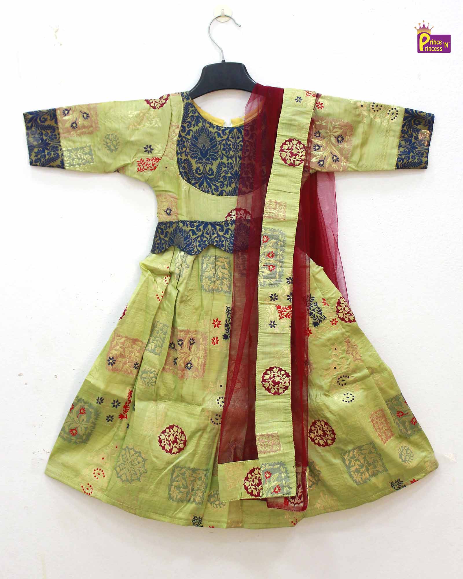 Pista Green Maroon Kids Ethnic Party Gown with Dupetta and Belt PG360 - Prince N Princess