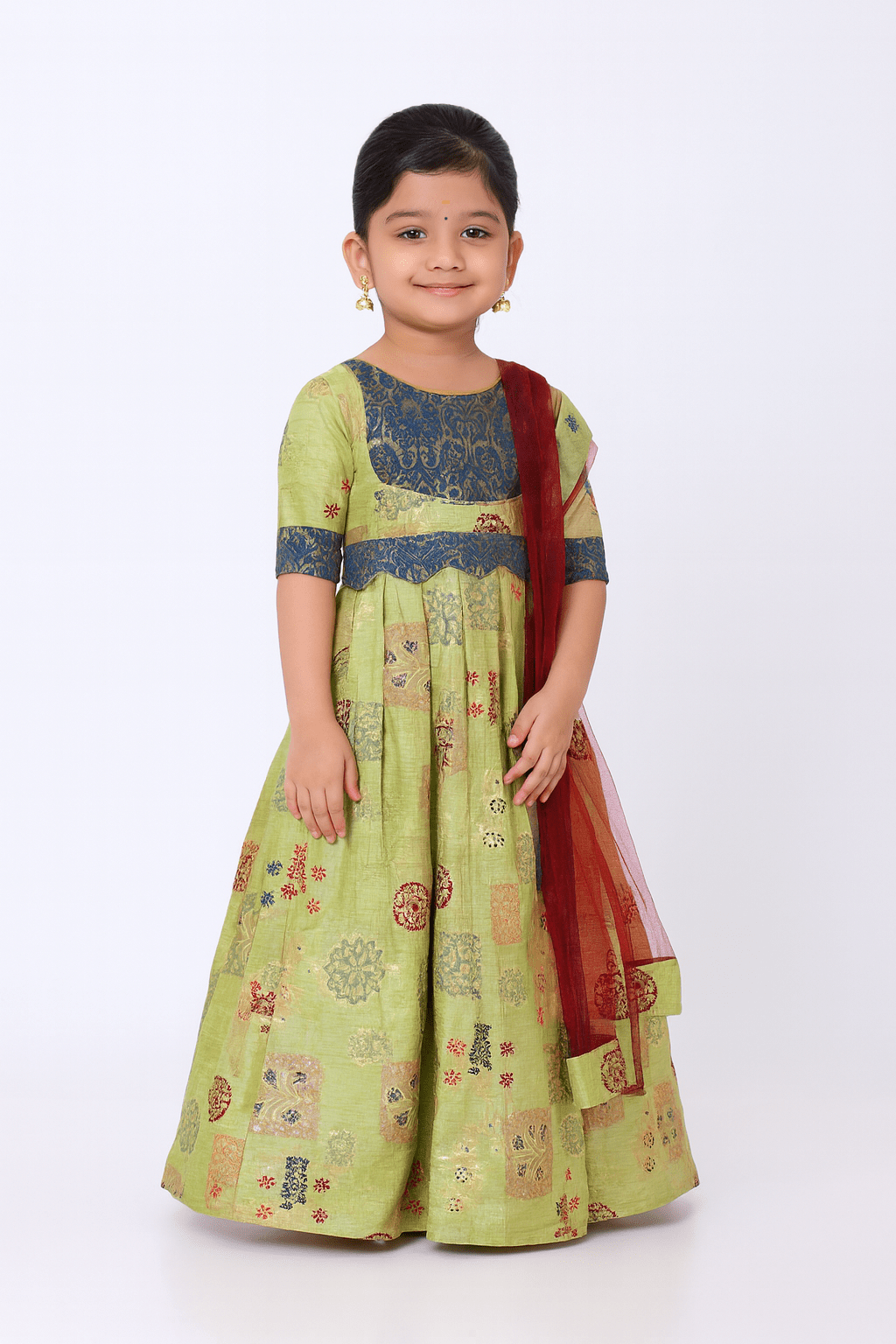 Pista Green Maroon Kids Ethnic Party Gown with Dupetta and Belt PG360 - Prince N Princess