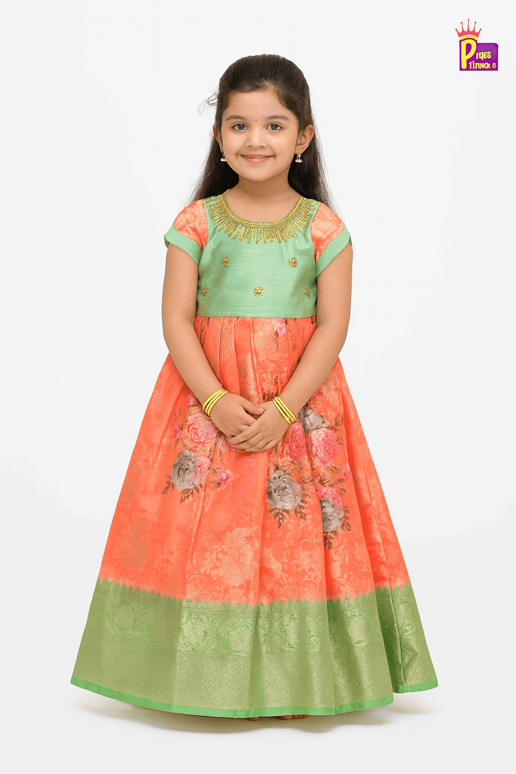 Pista Green Orange Digital Satin AARI Ethnic Party Gown PG351 - Prince N Princess