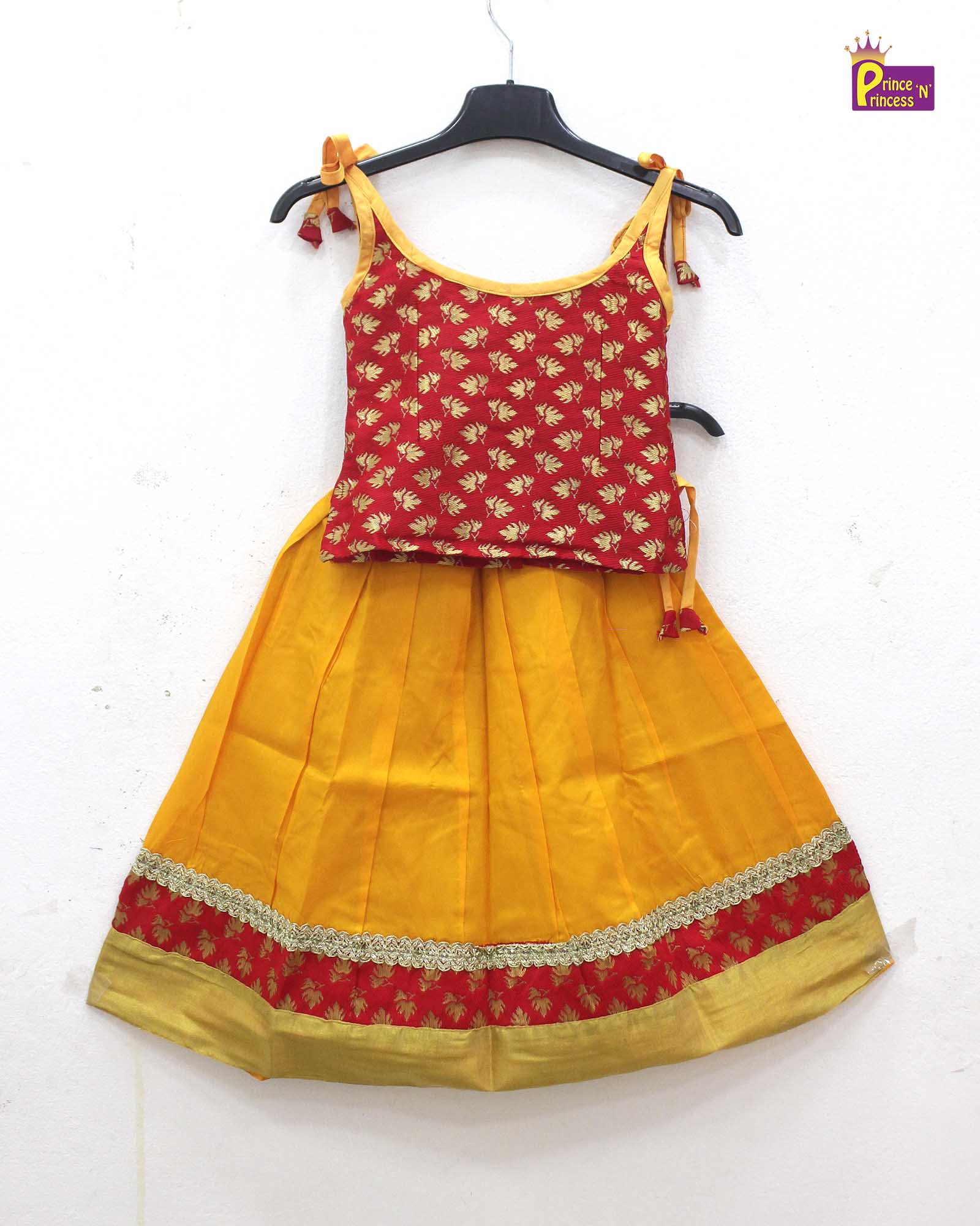Kids Red with Mango Yellow Knot Type Raw Silk Pattu Pavadai PPP019