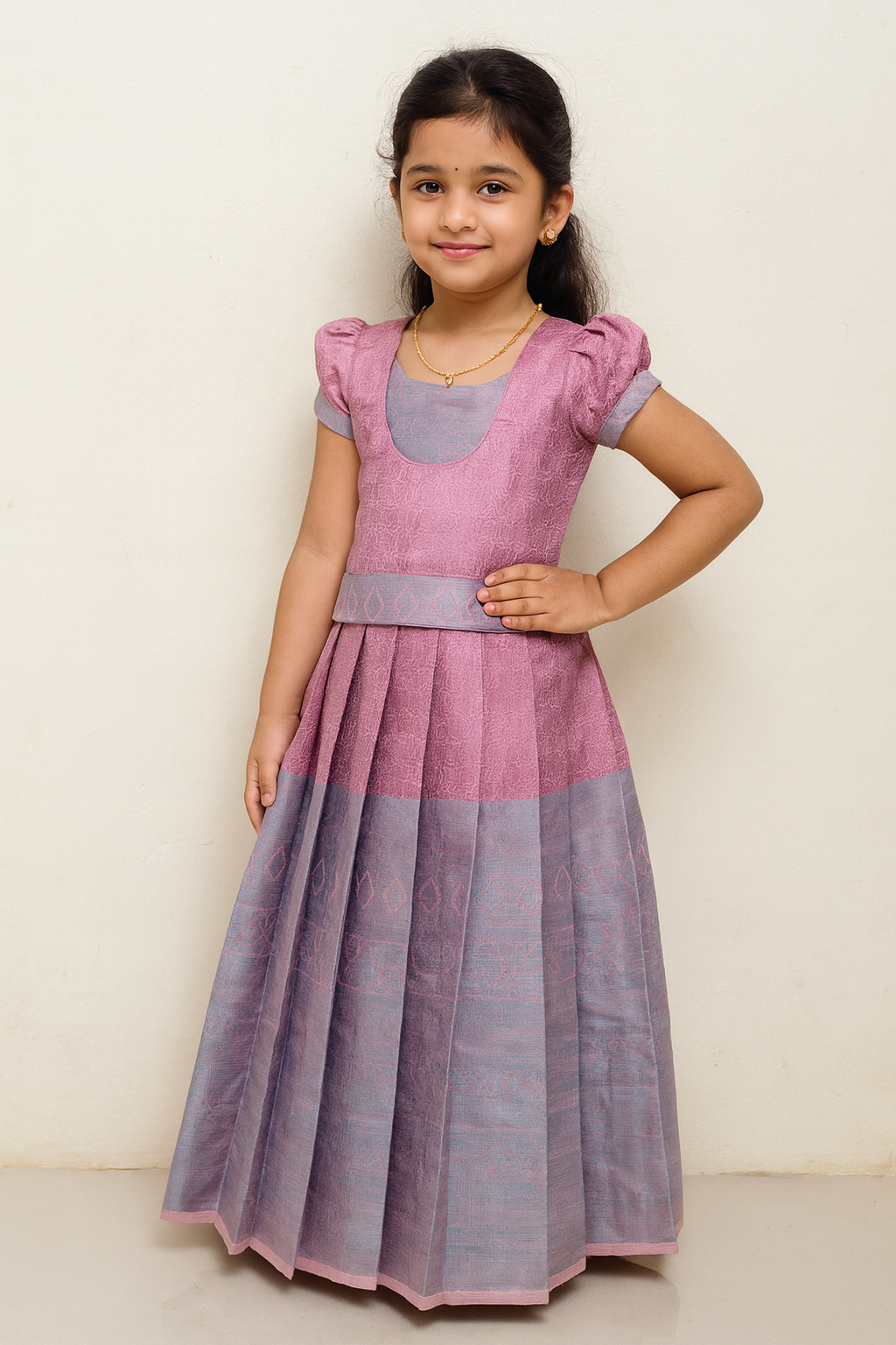 Kids Pink with Copper Blue Traditional Pattupavadai PPP1568