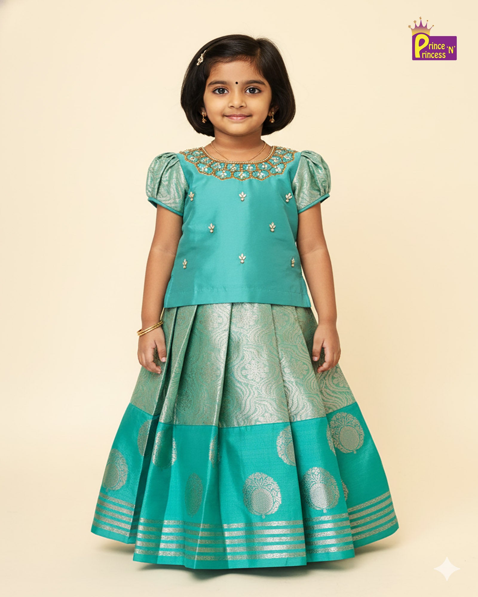 Kids Pale Green Traditional Aari Pattupavadai PPP1951