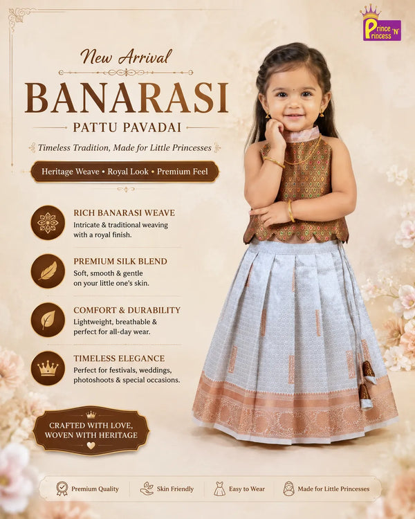 Baby Girl Bronze Brocade Halter Top & Silver Silk Skirt – Pattu Pavadai Set PPP2066