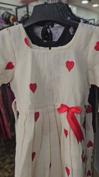 Kids Half White With Cute Red hearts Cotton Frock  CF330