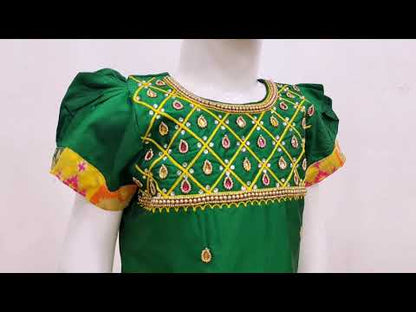 Kids Green With Yellow  Multi Colour Heavy AARI Work Traditional Pattu Pavadai PPP931