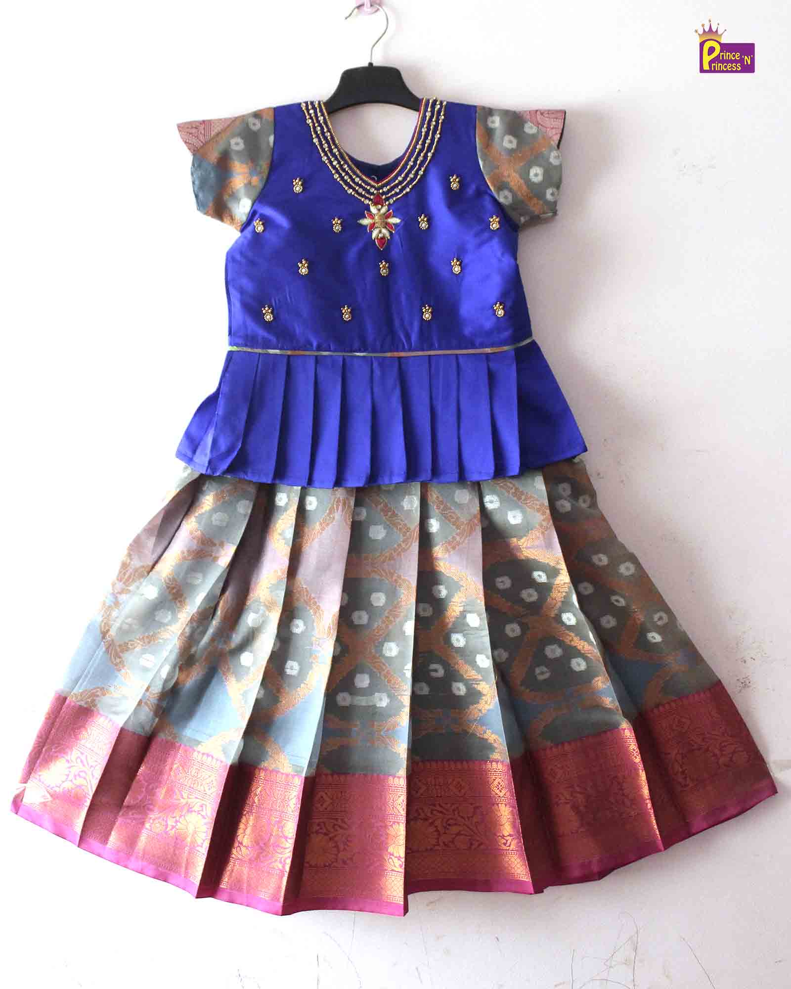 Prince N Princes Blue and Grey AARI Work pattu Pavadai PPP1408 - Prince N Princess