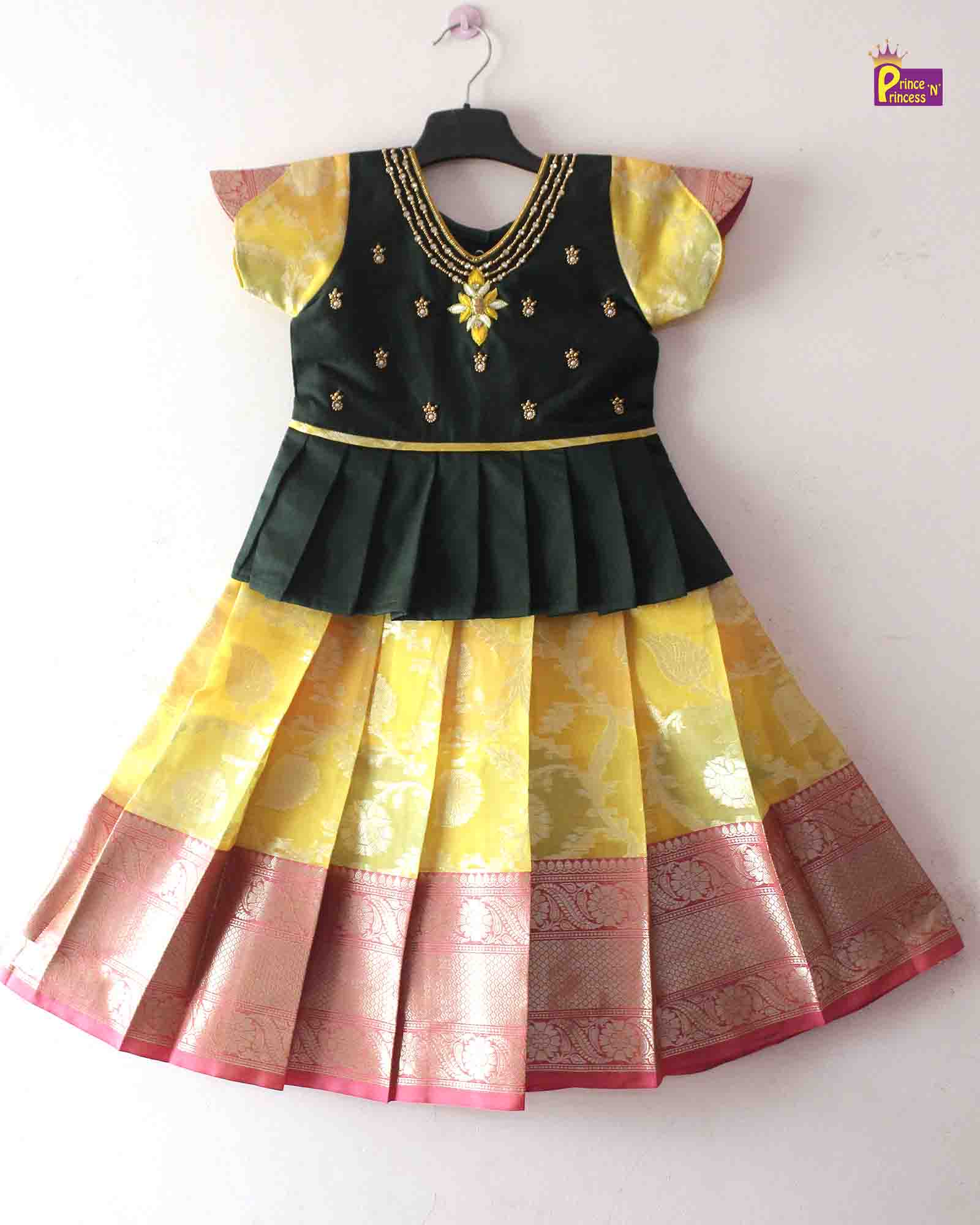 Prince N Princes Dark green And Yellow AARI Work pattu Pavadai PPP1406 - Prince N Princess