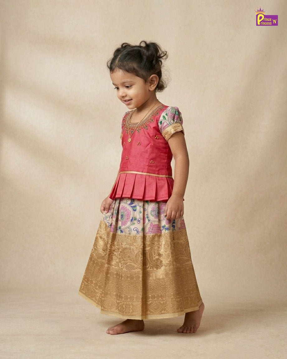 Prince N Princes Peach and Half white AARI Work pattu Pavadai PPP1460 for kids festival wear