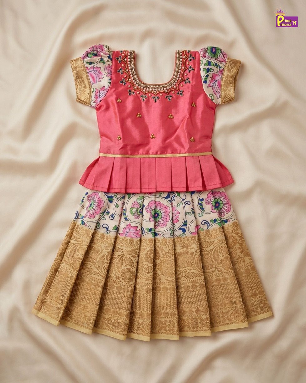 Prince N Princes Peach and Half white AARI Work pattu Pavadai PPP1460 for kids festival wear