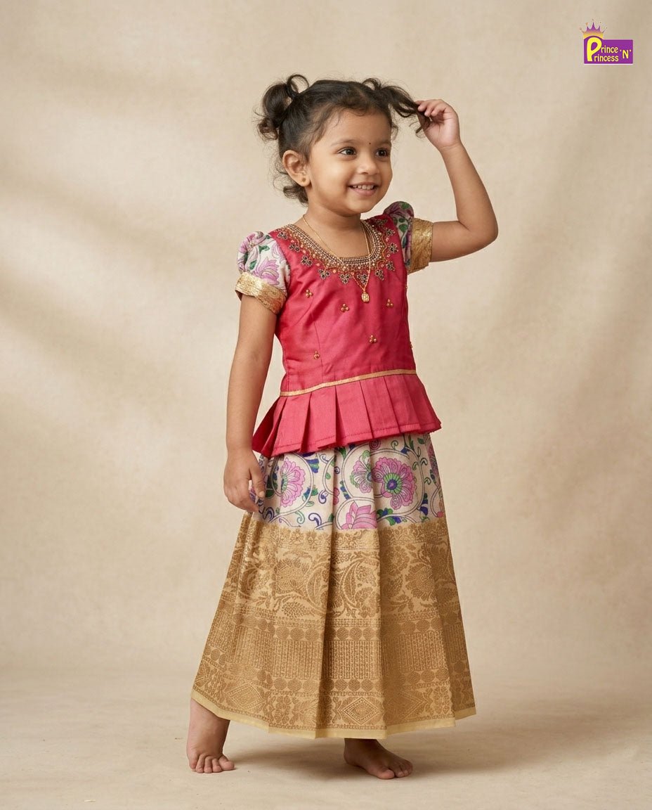 Prince N Princes Peach and Half white AARI Work pattu Pavadai PPP1460 for kids festival wear