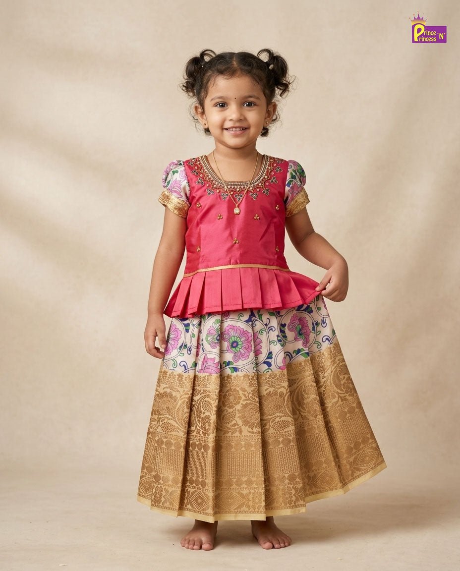 Prince N Princes Peach and Half white AARI Work pattu Pavadai PPP1460 for kids festival wear