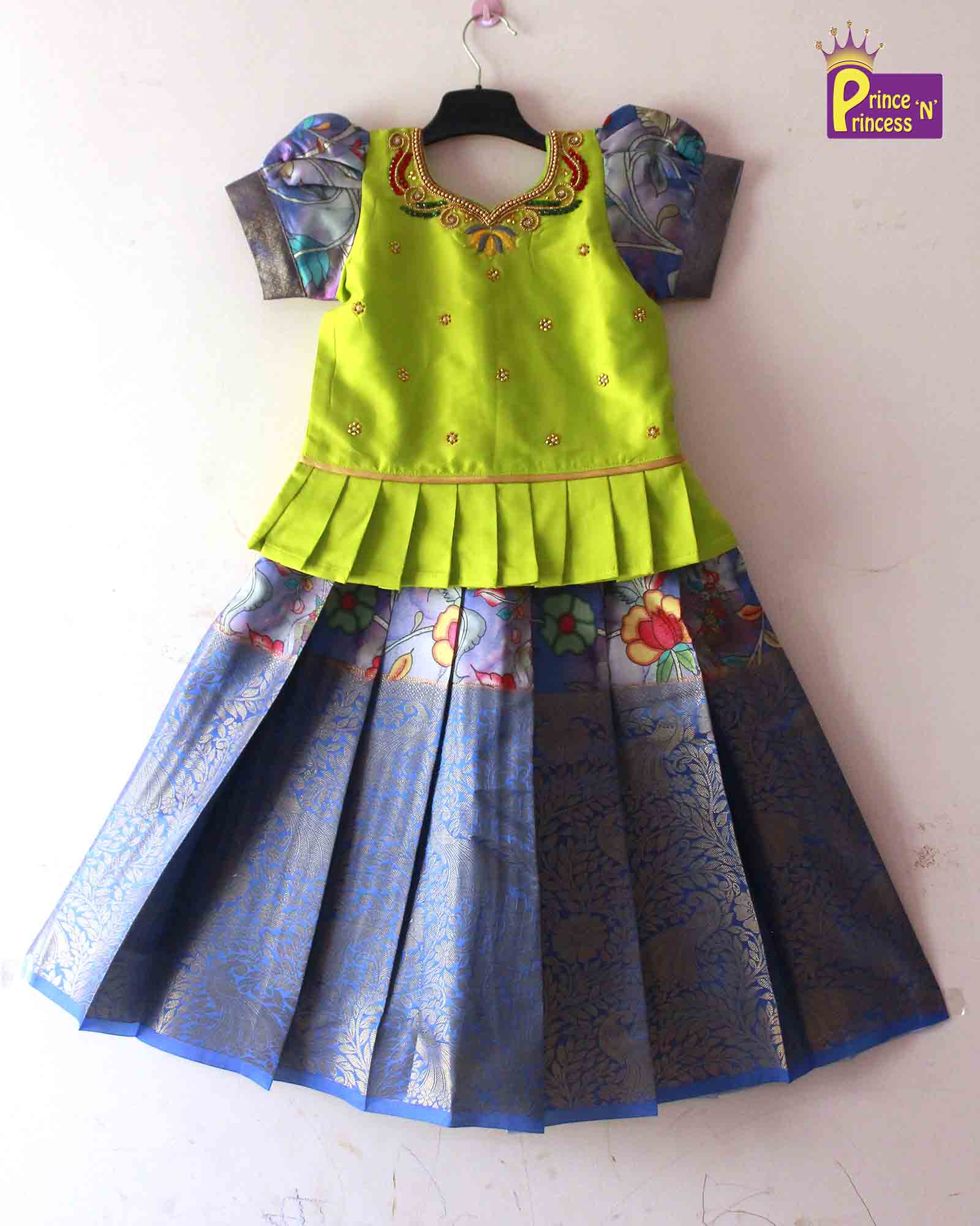 Prince N Princess Ash Green Kalamkari AARI Work pattu Pavadai PPP1239 - Prince N Princess