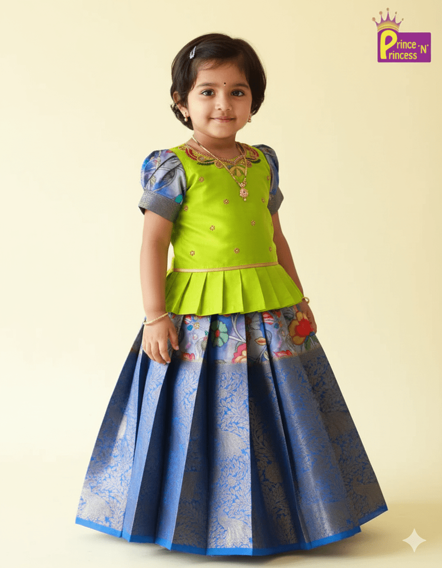 Prince N Princess Ash Green Kalamkari AARI Work pattu Pavadai PPP1239 - Prince N Princess