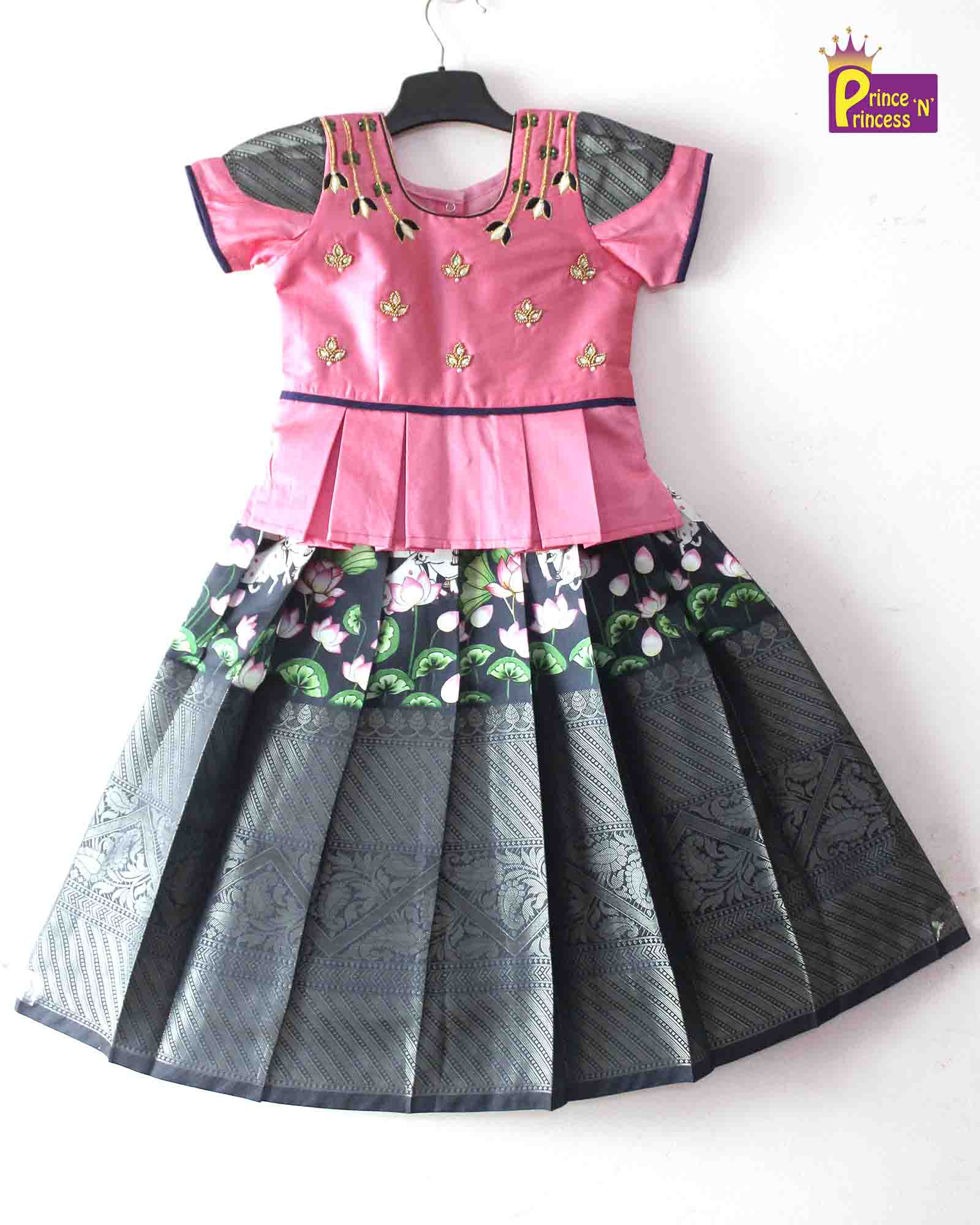 Prince N Princess Baby pink and Grey AARI Work pattu Pavadai PPP1393 - Prince N Princess