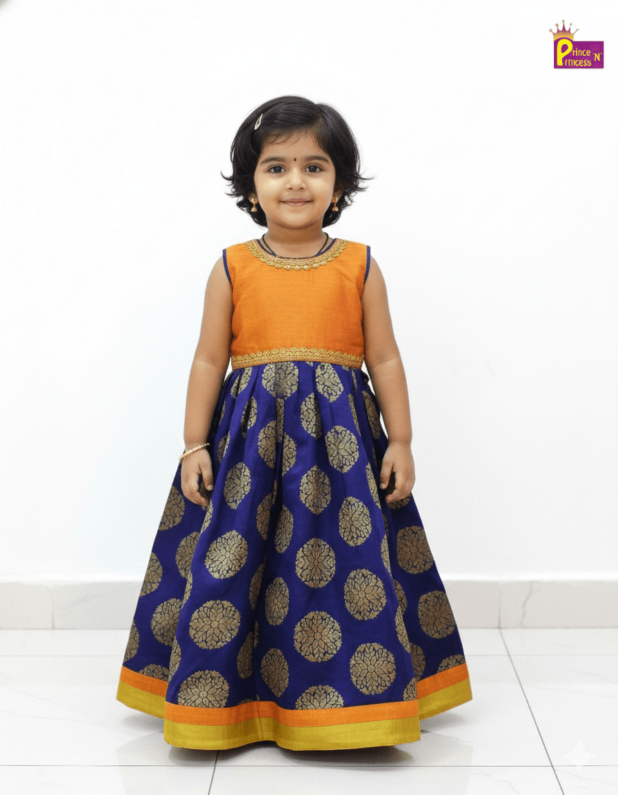 Prince N Princess Banarasi Blue with yellow Gown PG068 - Prince N Princess