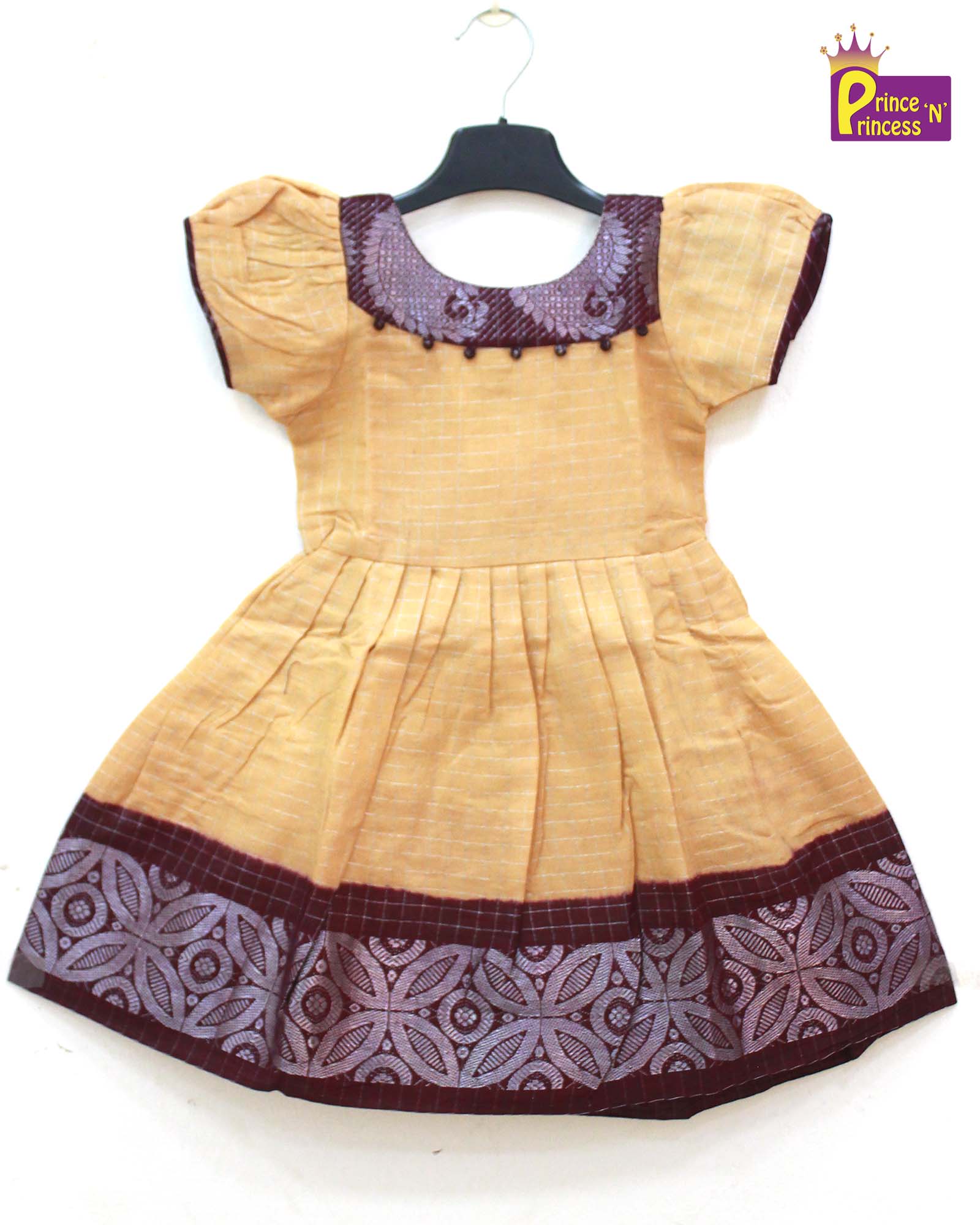 Prince N Princess Beige Sungudi Cotton Frock CF265 - Prince N Princess