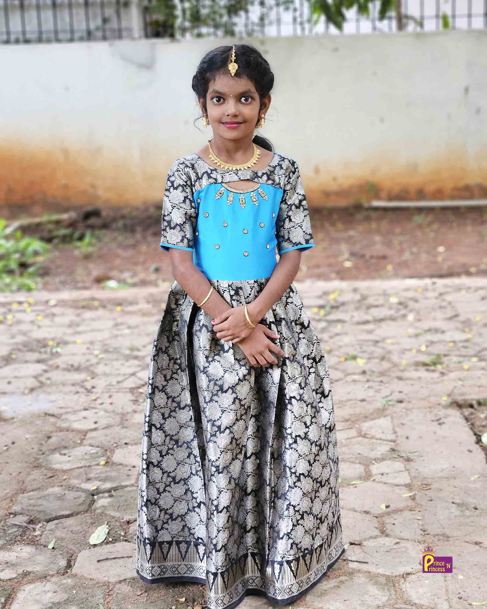 Prince N Princess Black Blue AARI work Pattu Gown PG378 - Prince N Princess