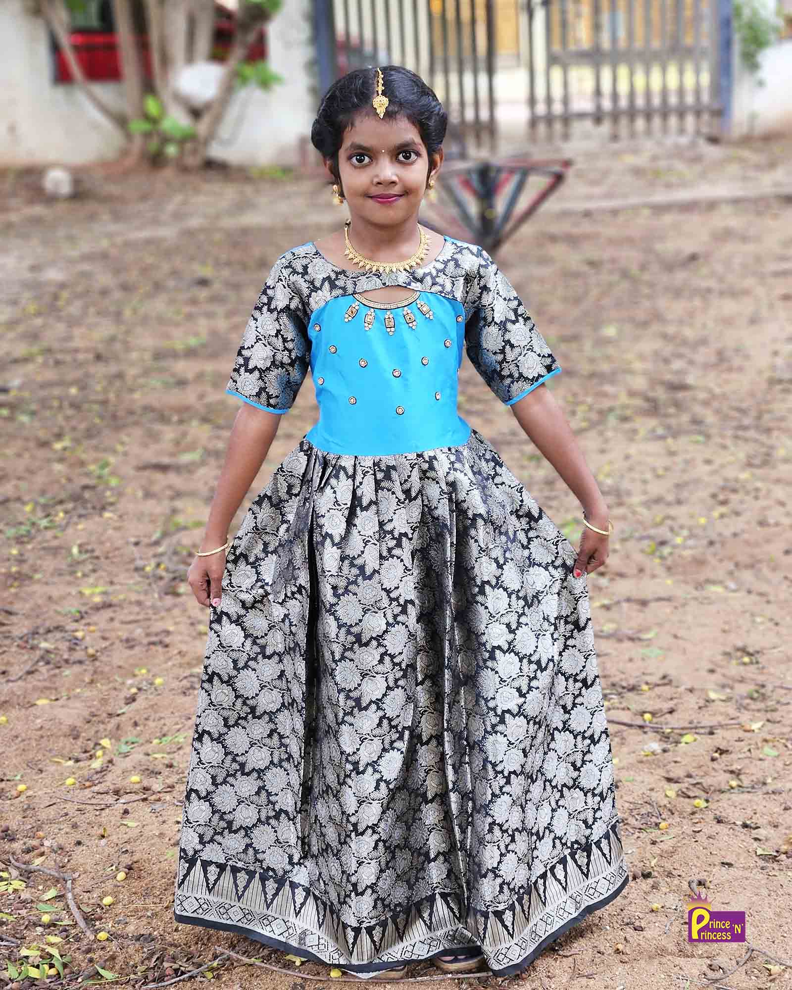 Prince N Princess Black Blue AARI work Pattu Gown PG378 - Prince N Princess