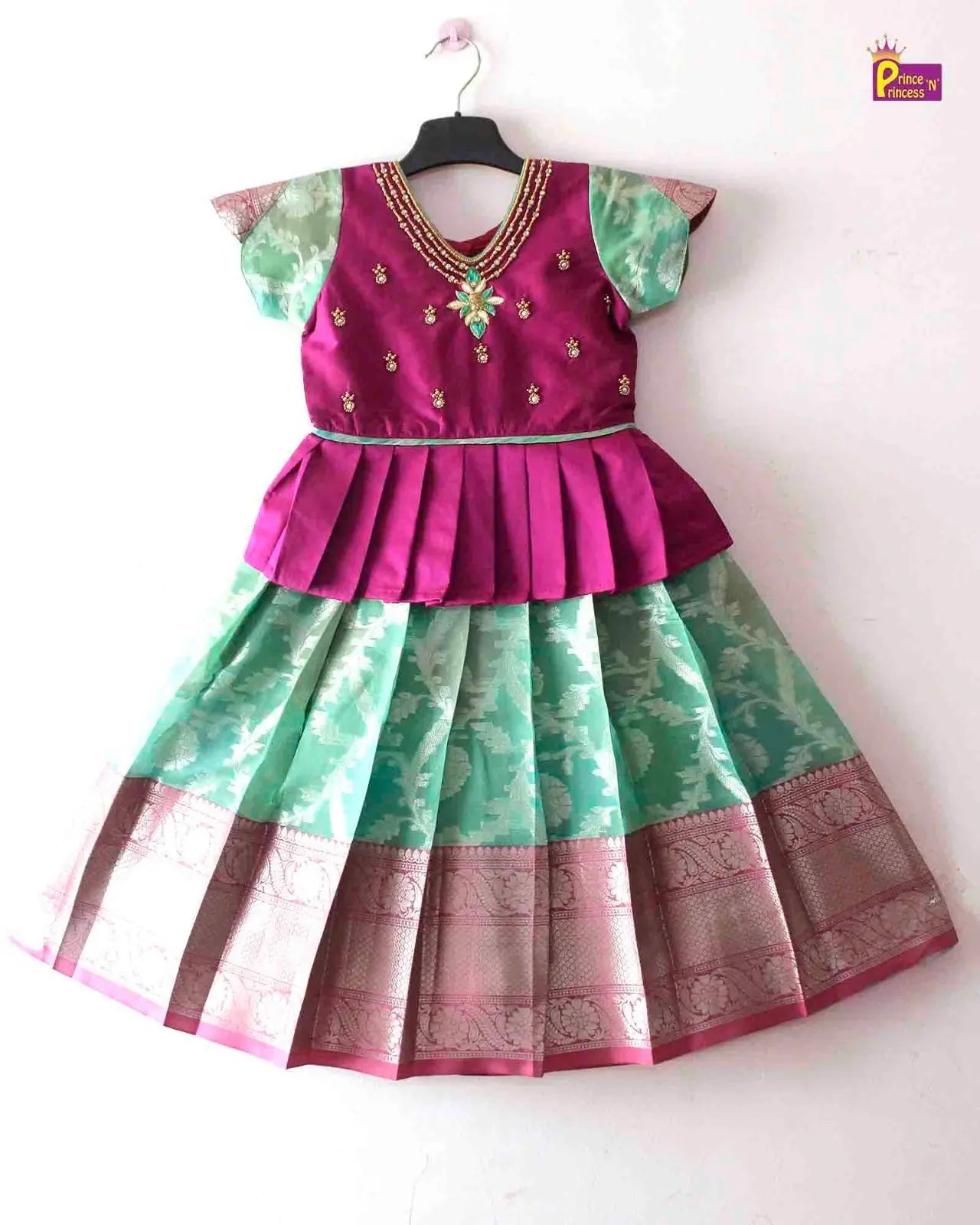 Prince N Princess Blue and peach AARI Work pattu Pavadai PPP1402 - Prince N Princess