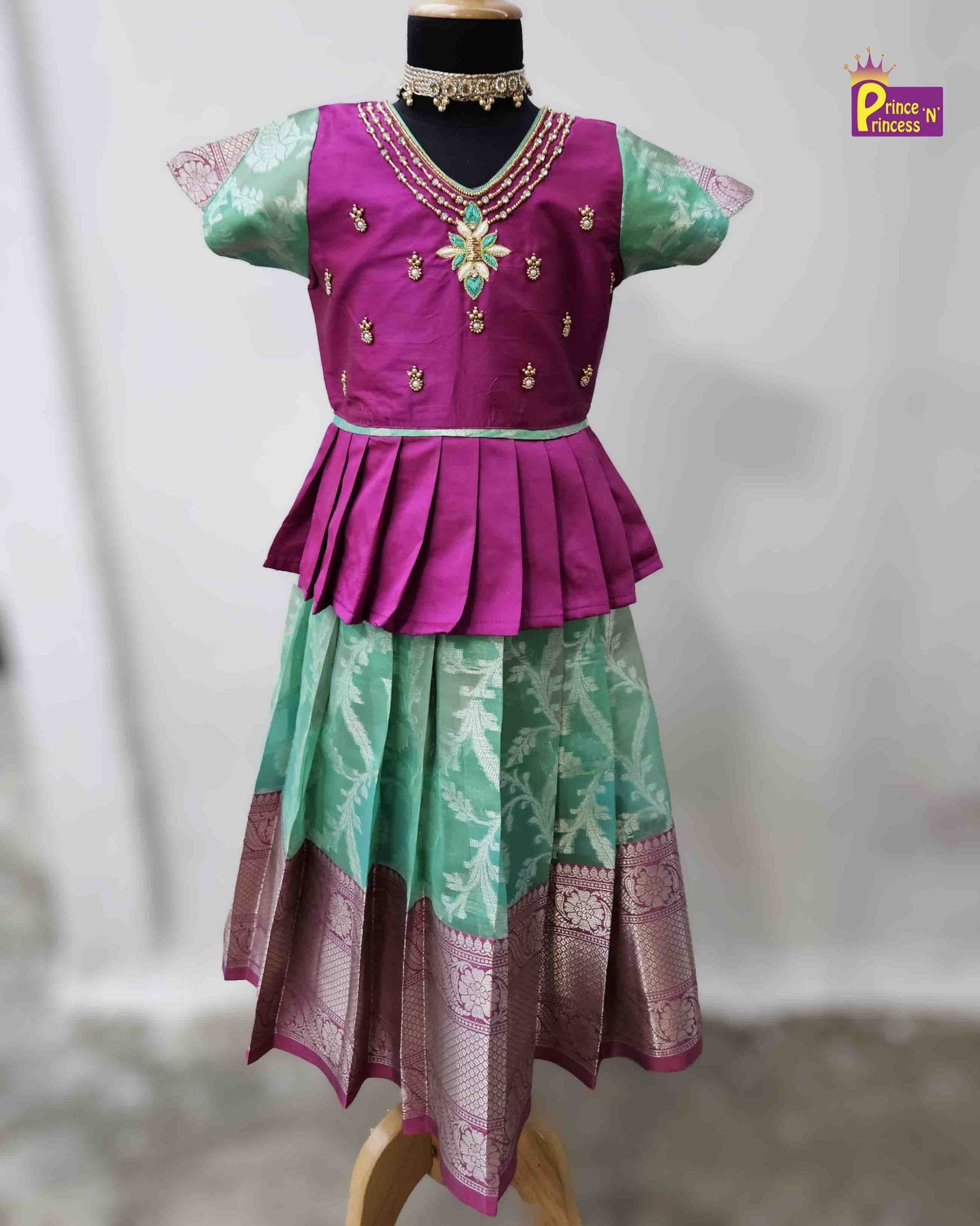 Prince N Princess Blue and peach AARI Work pattu Pavadai PPP1402 - Prince N Princess