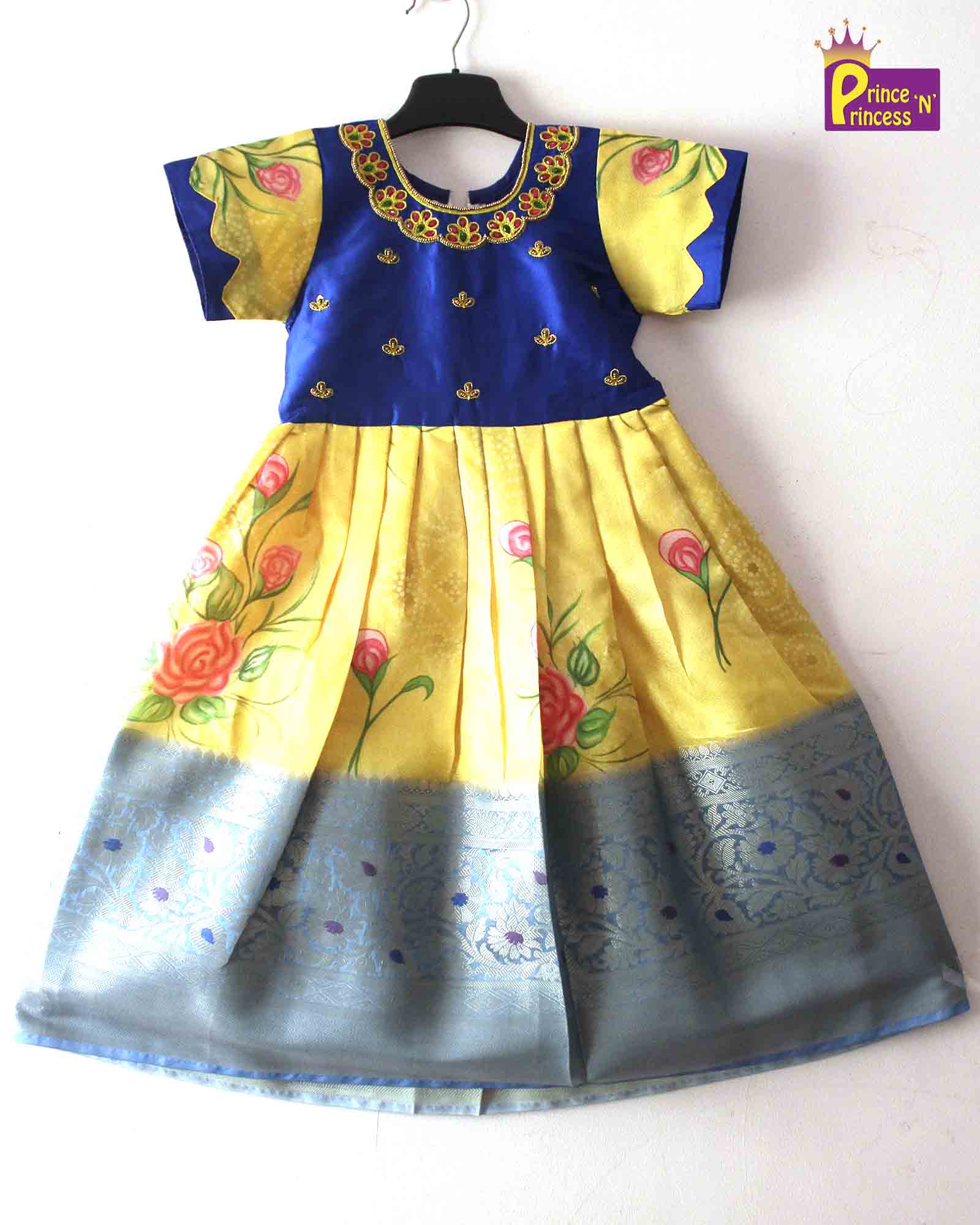 Prince N Princess Blue Yellow AARI work Traditional Gown PG408 - Prince N Princess
