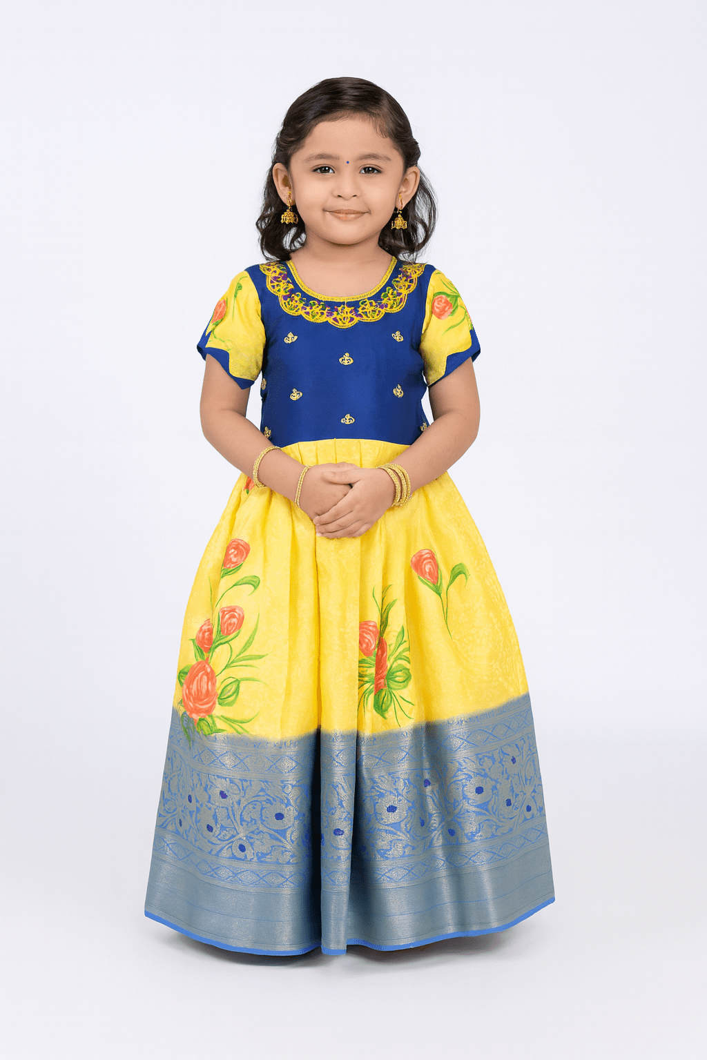 Prince N Princess Blue Yellow AARI work Traditional Gown PG408 - Prince N Princess