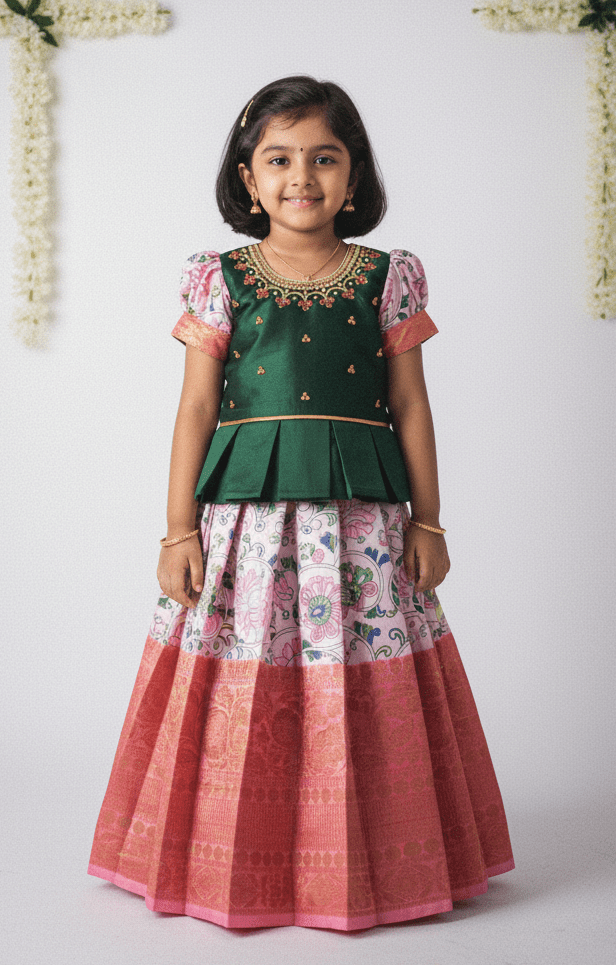 Prince N Princess Bottle Green Baby Pink AARI Work pattu Pavadai PPP1268 - Prince N Princess