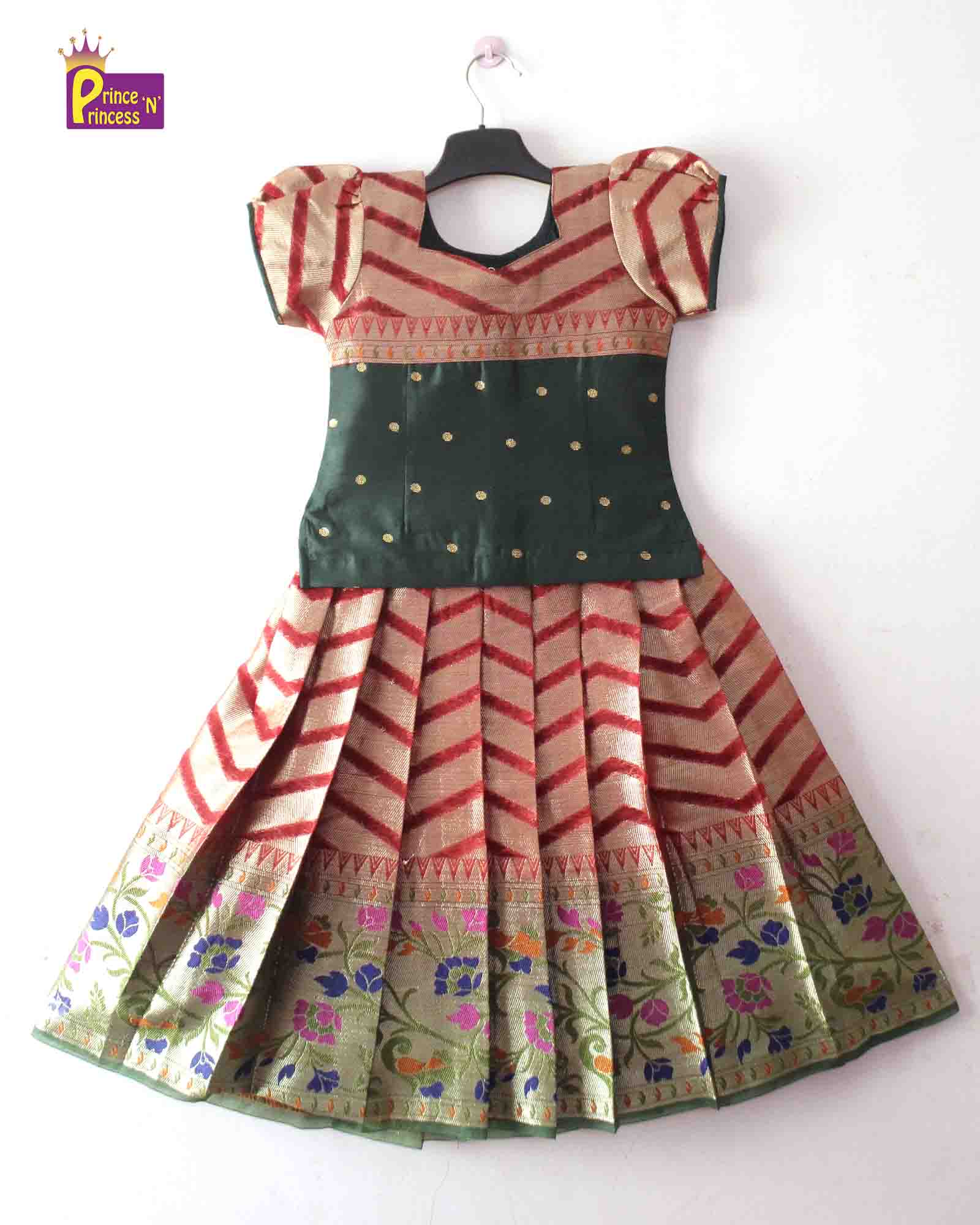 Prince N Princess Bottle Green With Red Traditional Pattu Pavadai PPP1328 - Prince N Princess