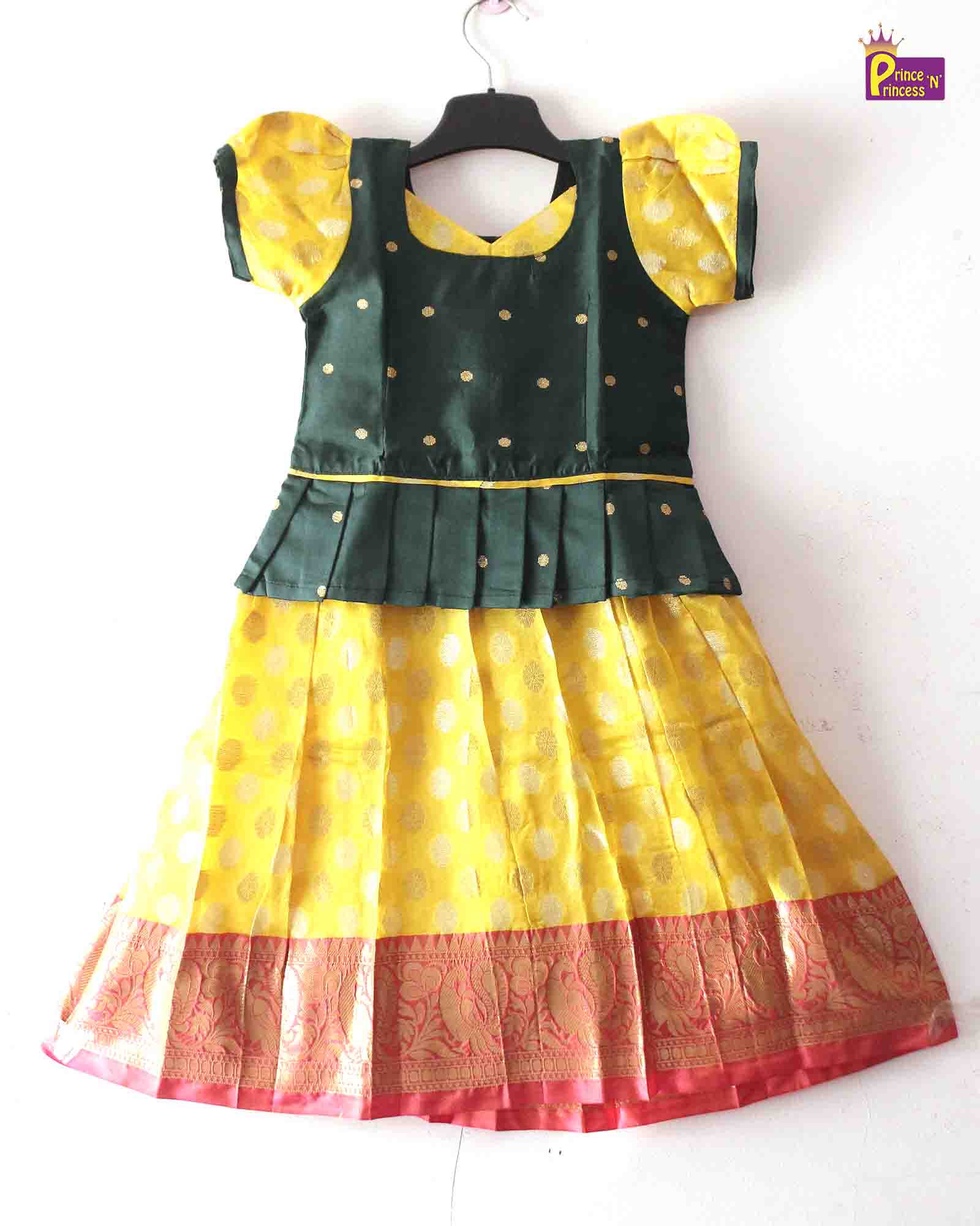 Prince N Princess Dark Green And Yellow Traditional Pattu Pavadai PPP1241 - Prince N Princess