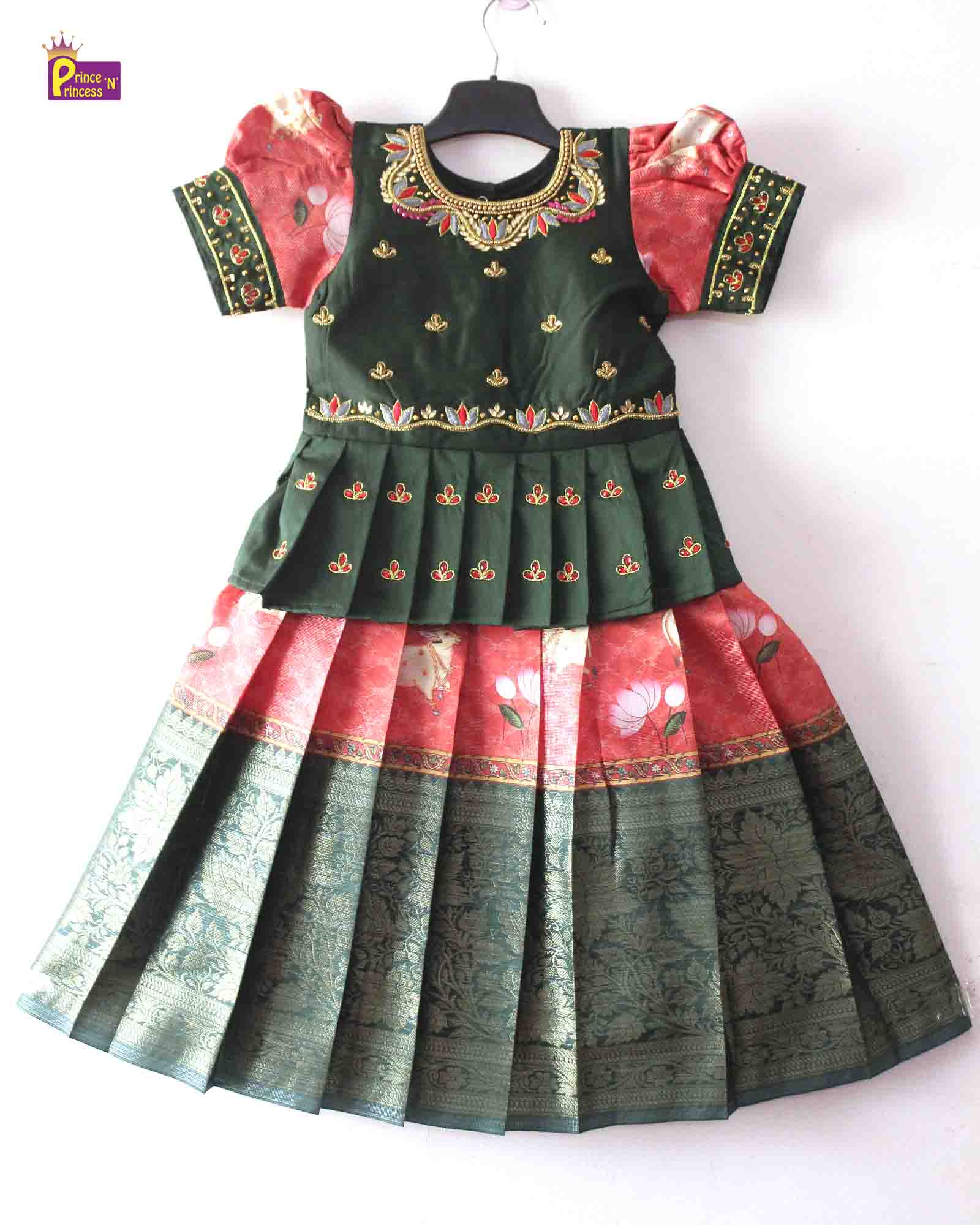 Prince N Princess Dark Green red Kalamkari AARI Work pattu Pavadai PPP1335 - Prince N Princess
