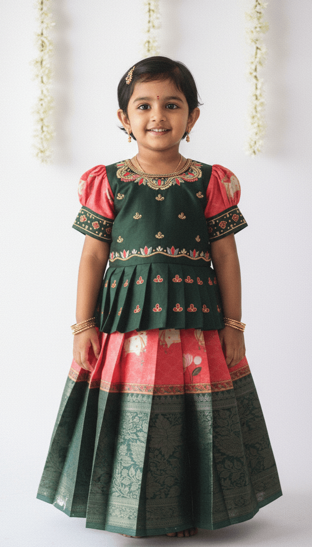 Prince N Princess Dark Green red Kalamkari AARI Work pattu Pavadai PPP1335 - Prince N Princess