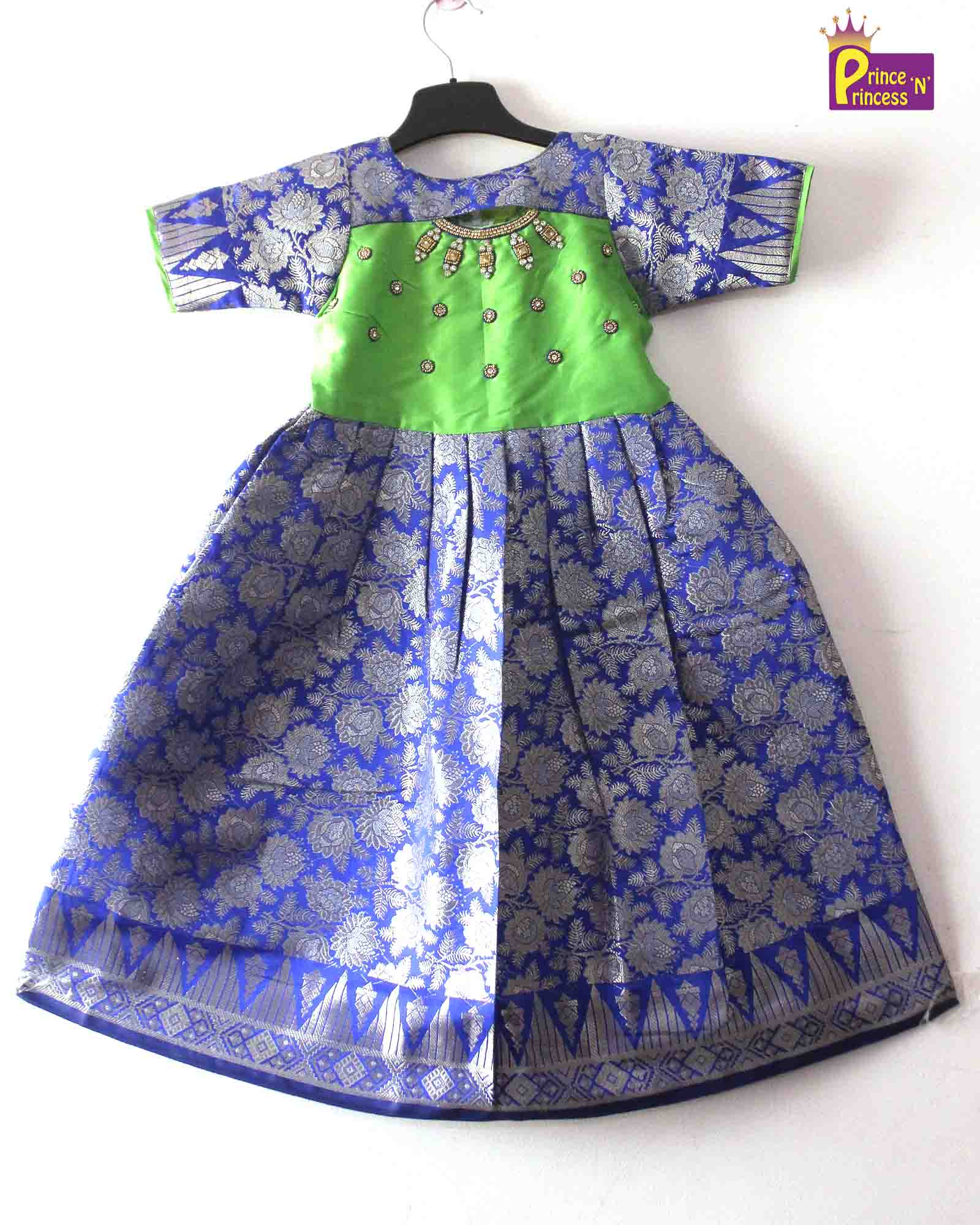 Prince N Princess Green Blue AARI work Pattu Gown PG377 - Prince N Princess
